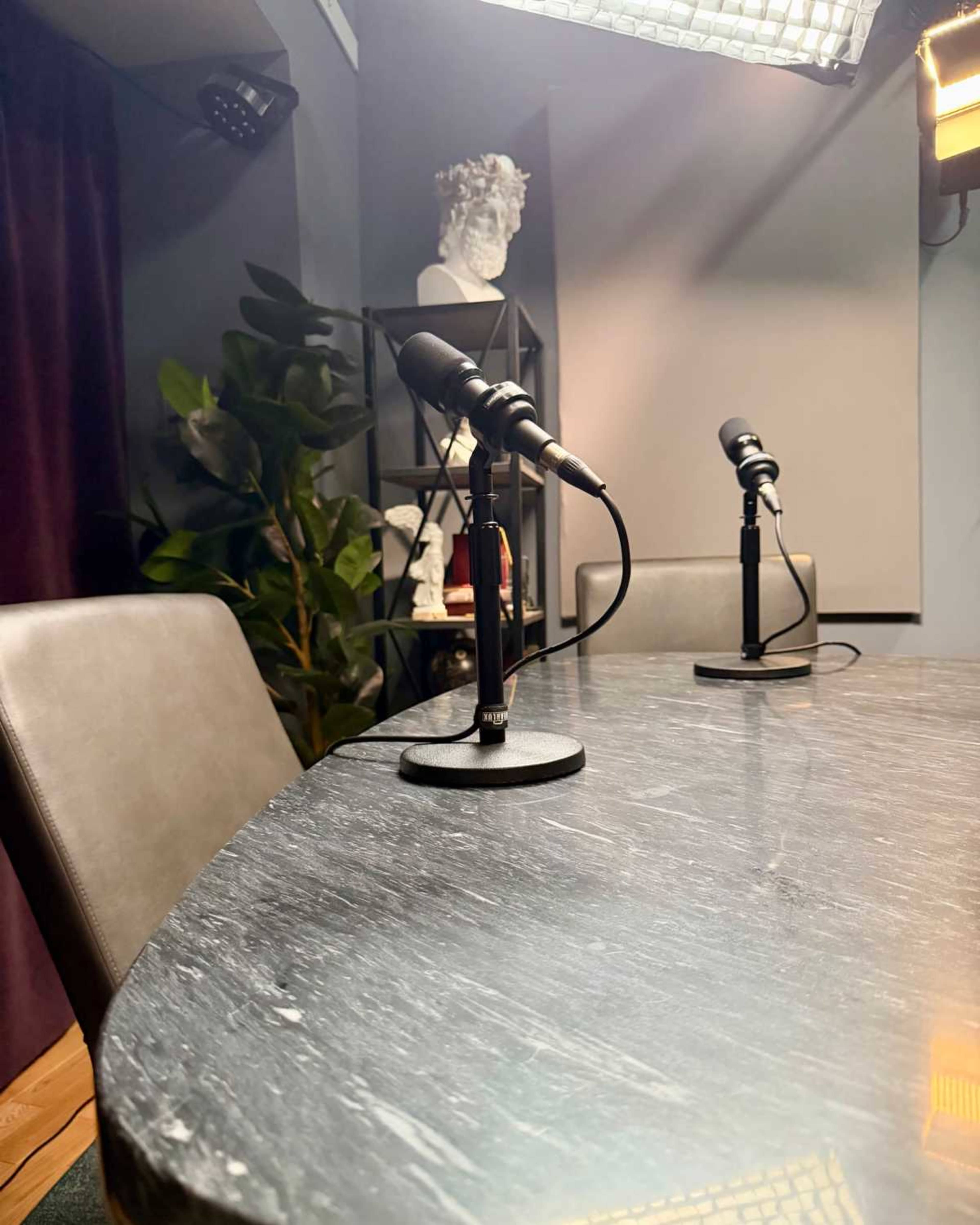 The image shows a round table with two microphones set up, surrounded by dark walls and a bust sculpture on a shelf in the background.