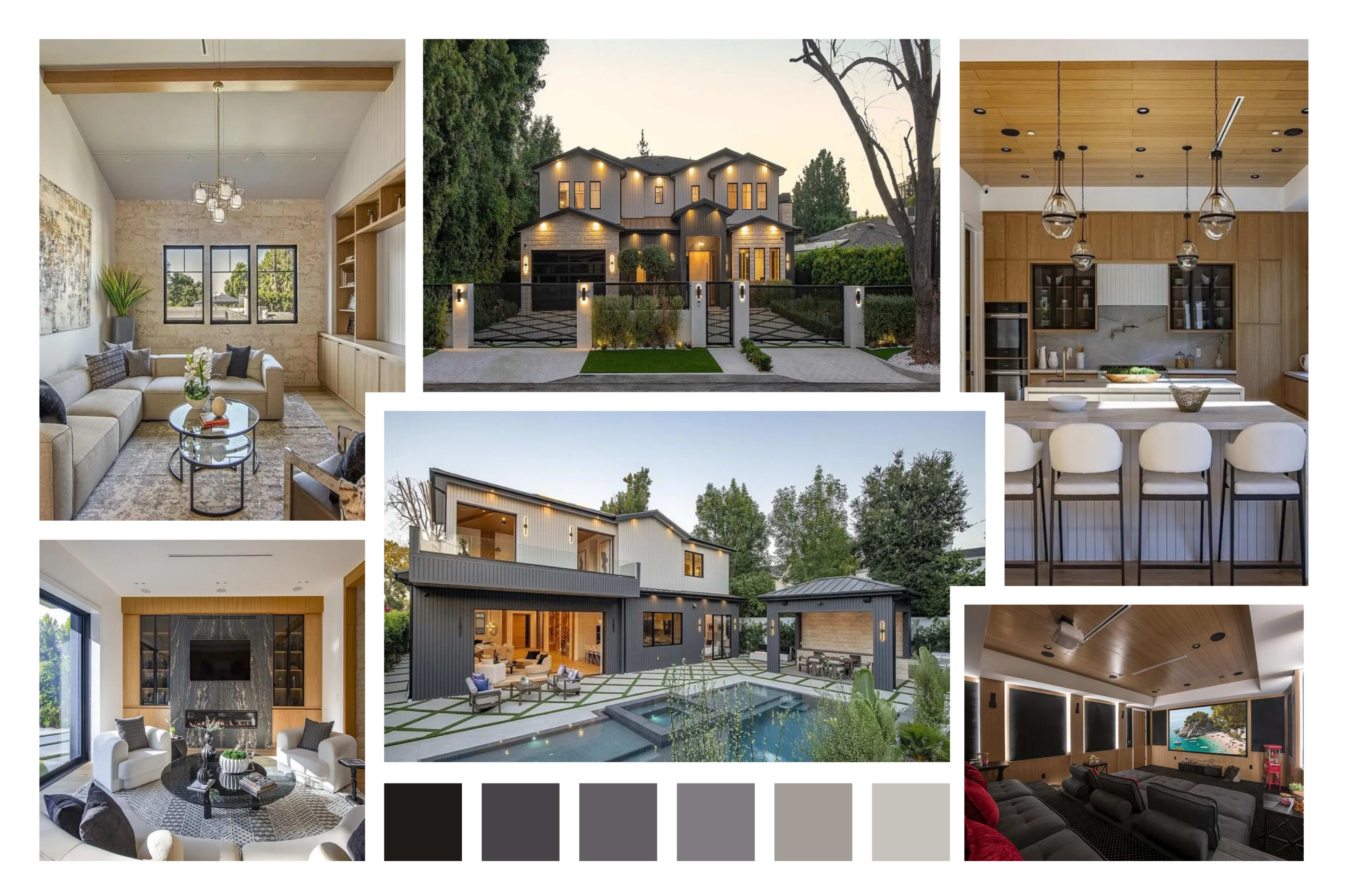 The image collage features various modern home interiors and exteriors, showcasing architectural designs, living spaces, and a pool area.