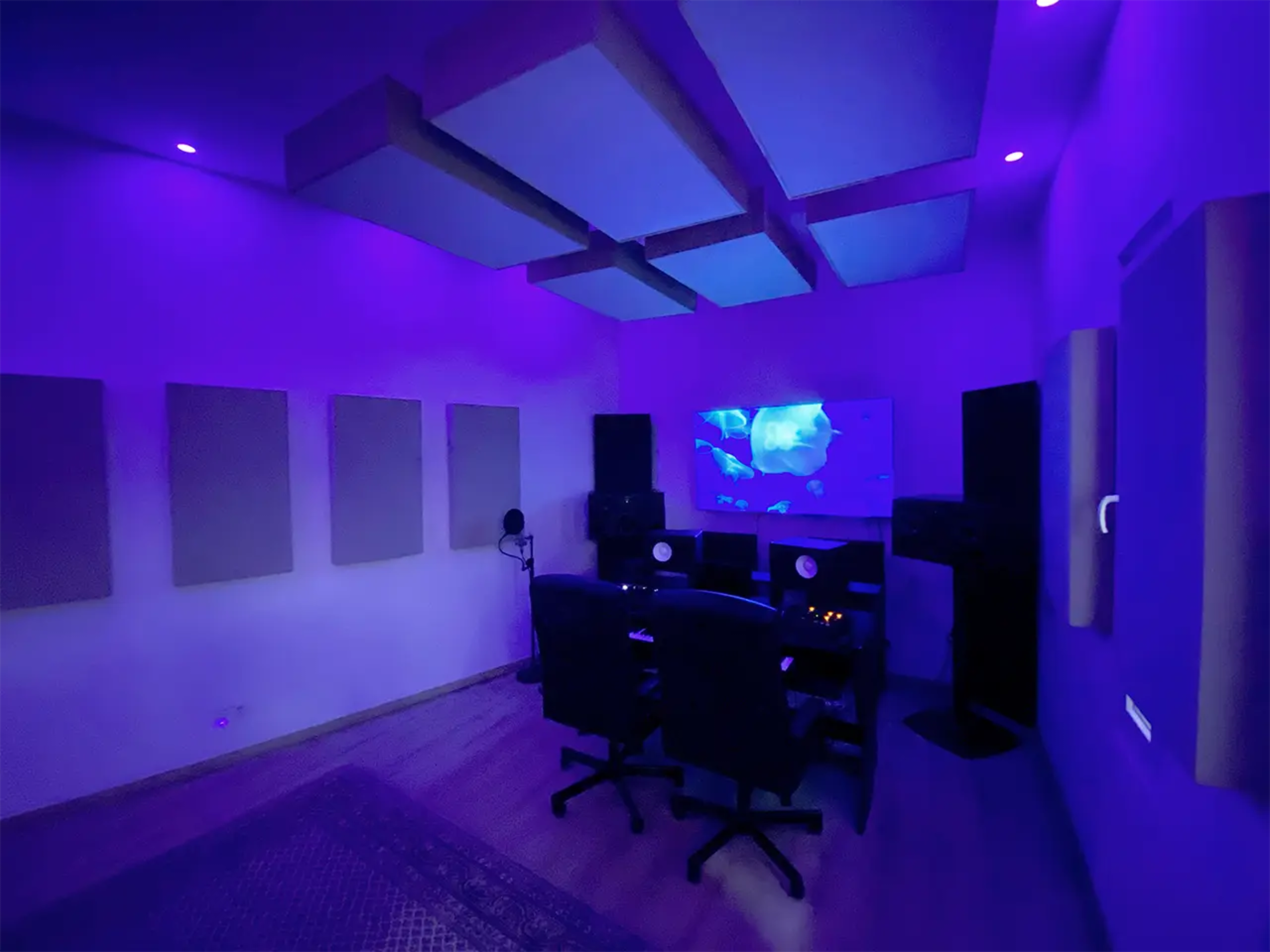 A music studio is shown with soundproofing panels, a projection screen, and computer equipment, all illuminated by purple lighting.