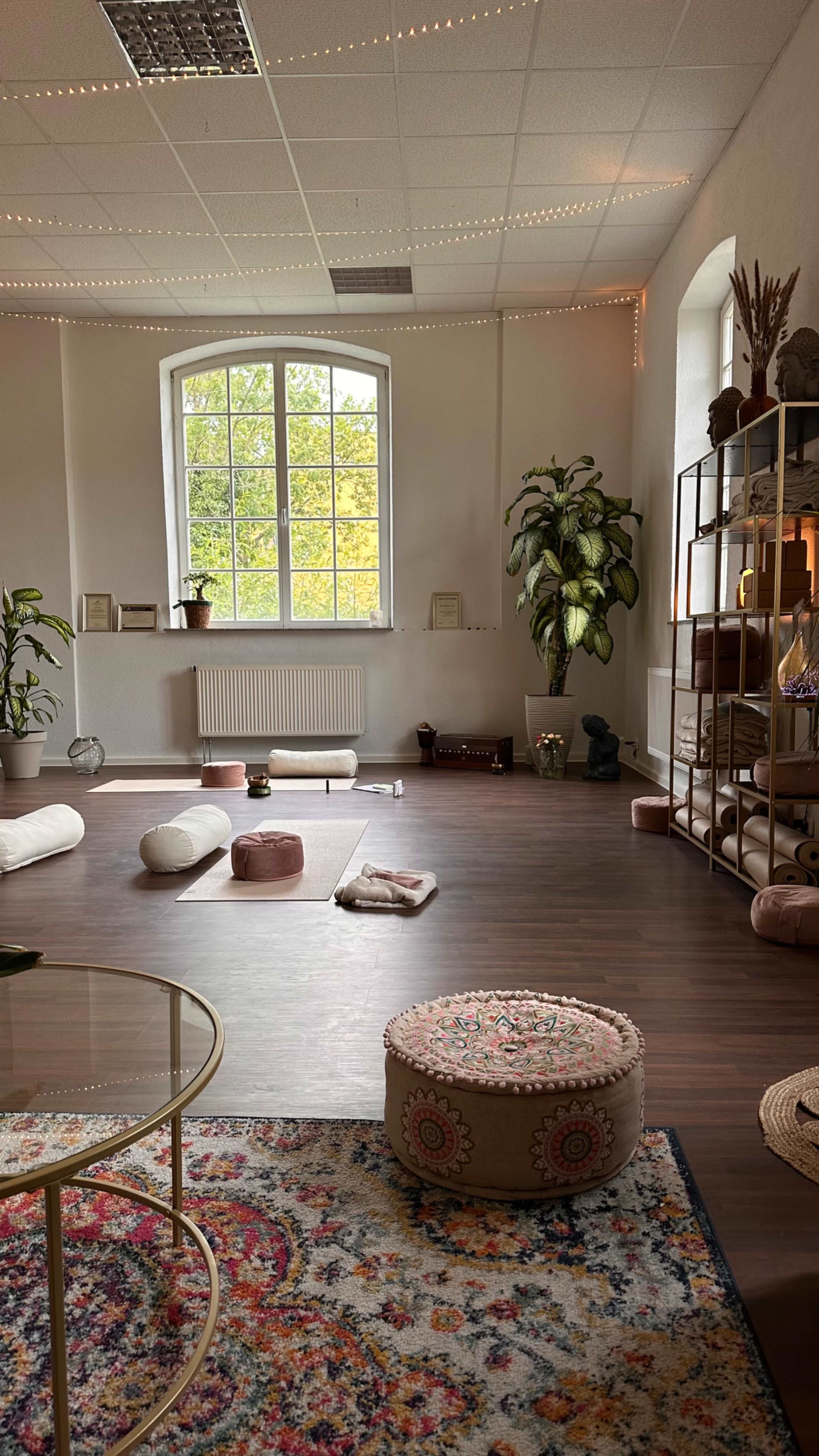 The image shows a light-filled room with a mix of seating cushions, plants, and decorative elements arranged on a wooden floor.