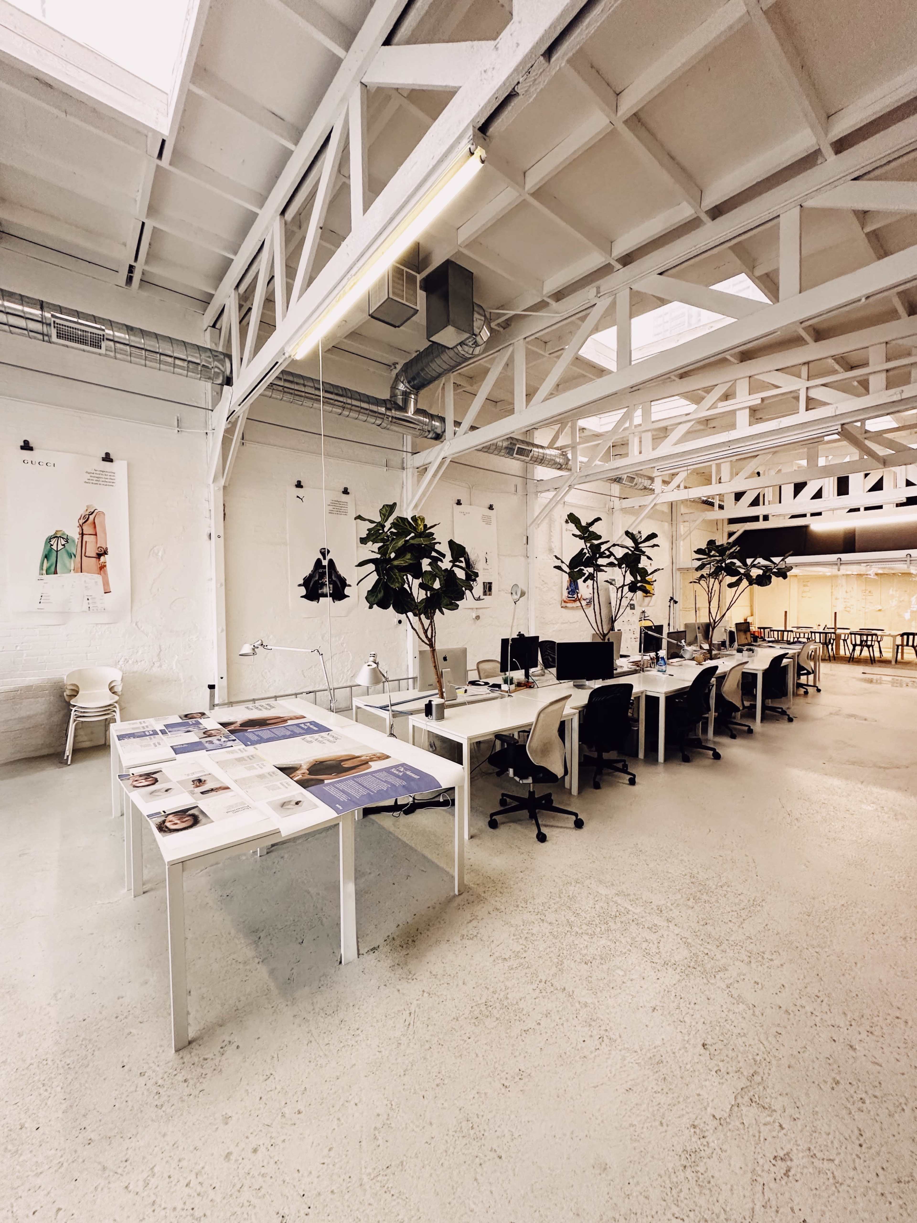 A spacious, modern office area with several workstations, large tables displaying printed materials, and greenery in the form of potted plants.