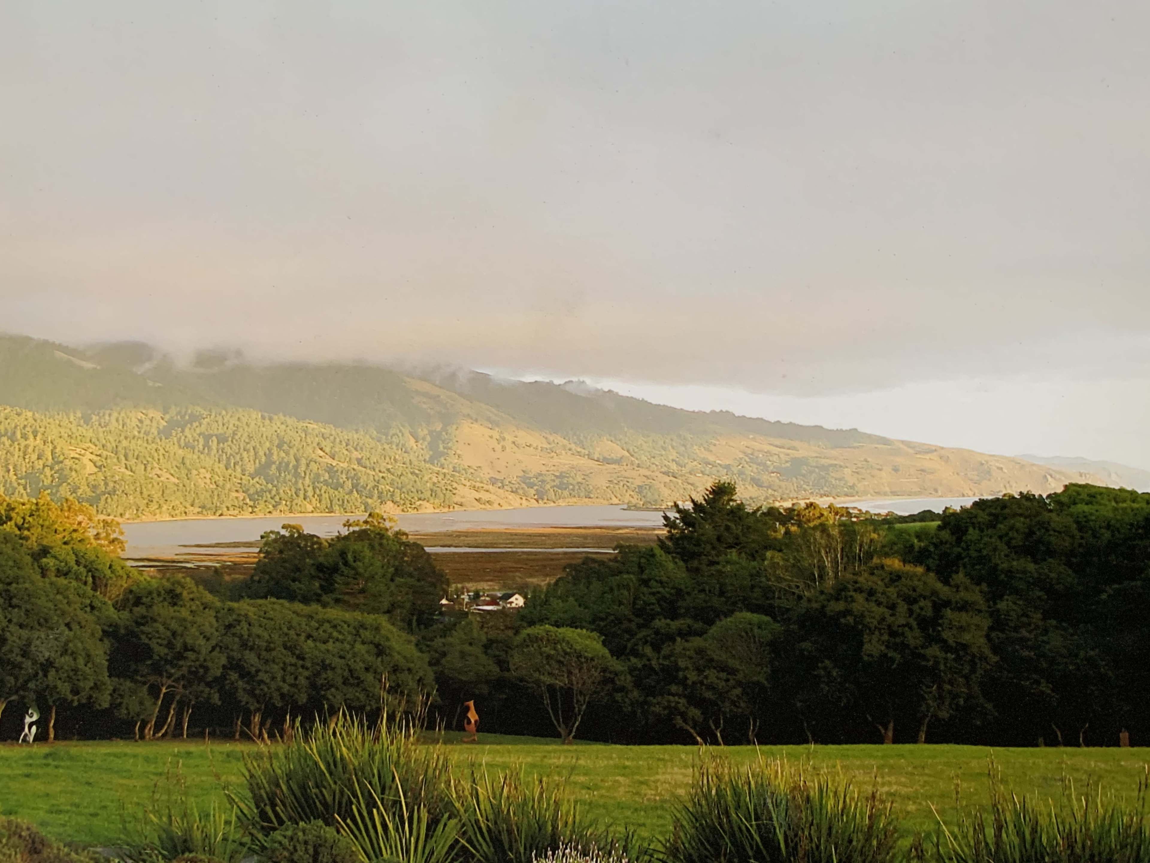 A landscape featuring rolling hills, a body of water, and a foreground of lush greenery under a cloudy sky.