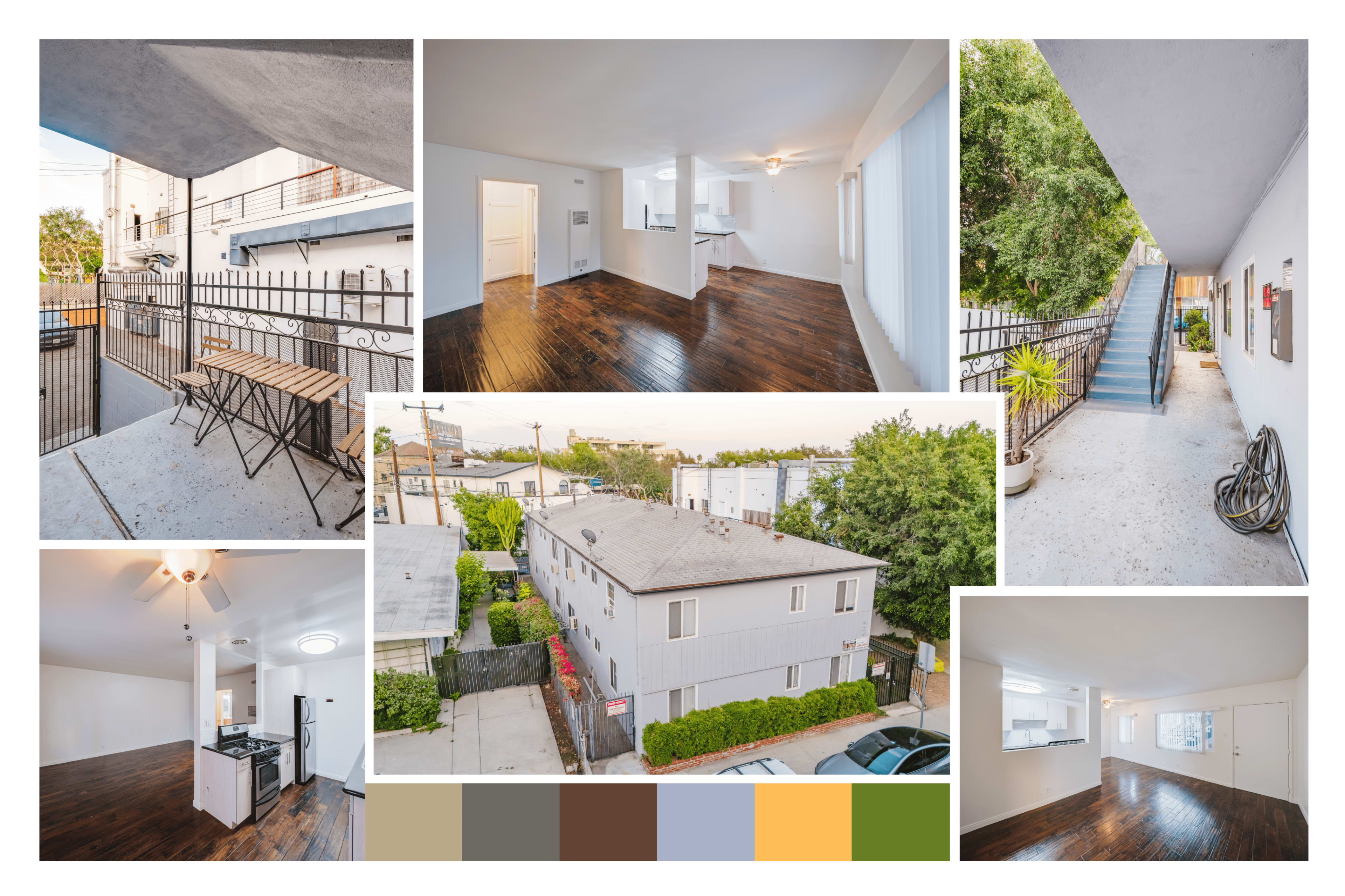 The image showcases various views of a well-lit apartment complex, featuring a mix of interior rooms with wooden floors, a kitchen area, and exterior shots of balconies and the building's facade.