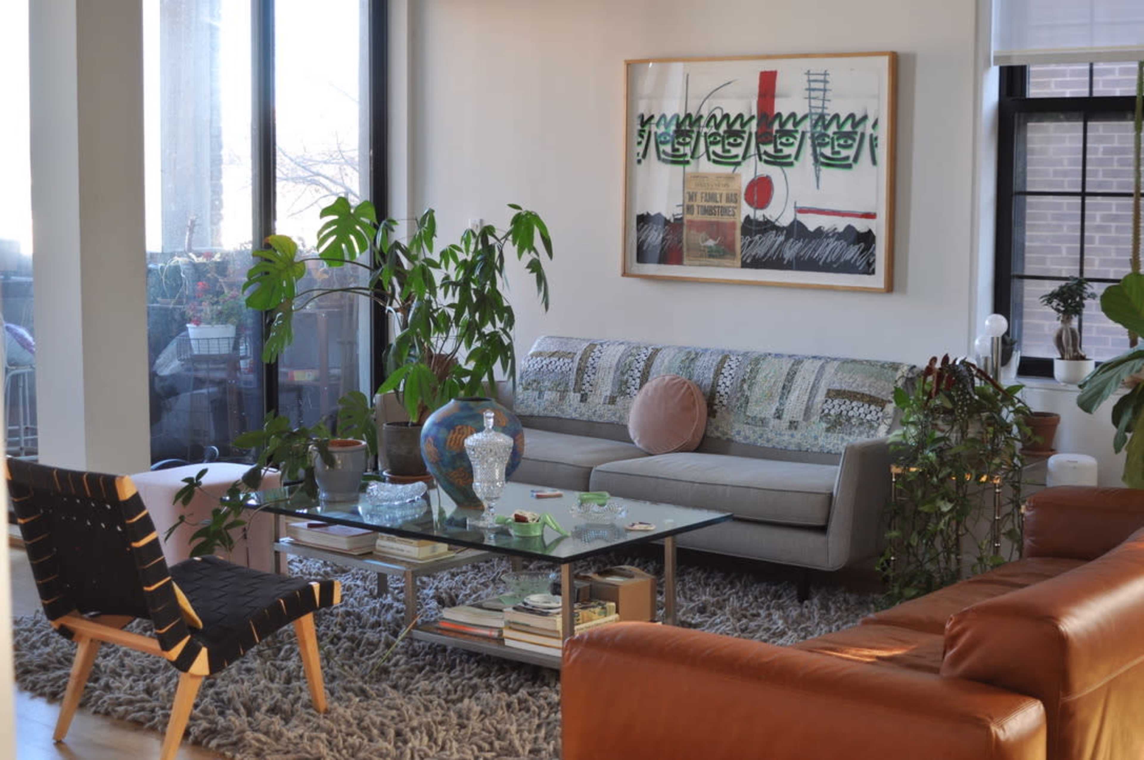 The image shows a modern living room with a gray sofa, a glass coffee table adorned with decorative items, and plants placed strategically throughout the space.