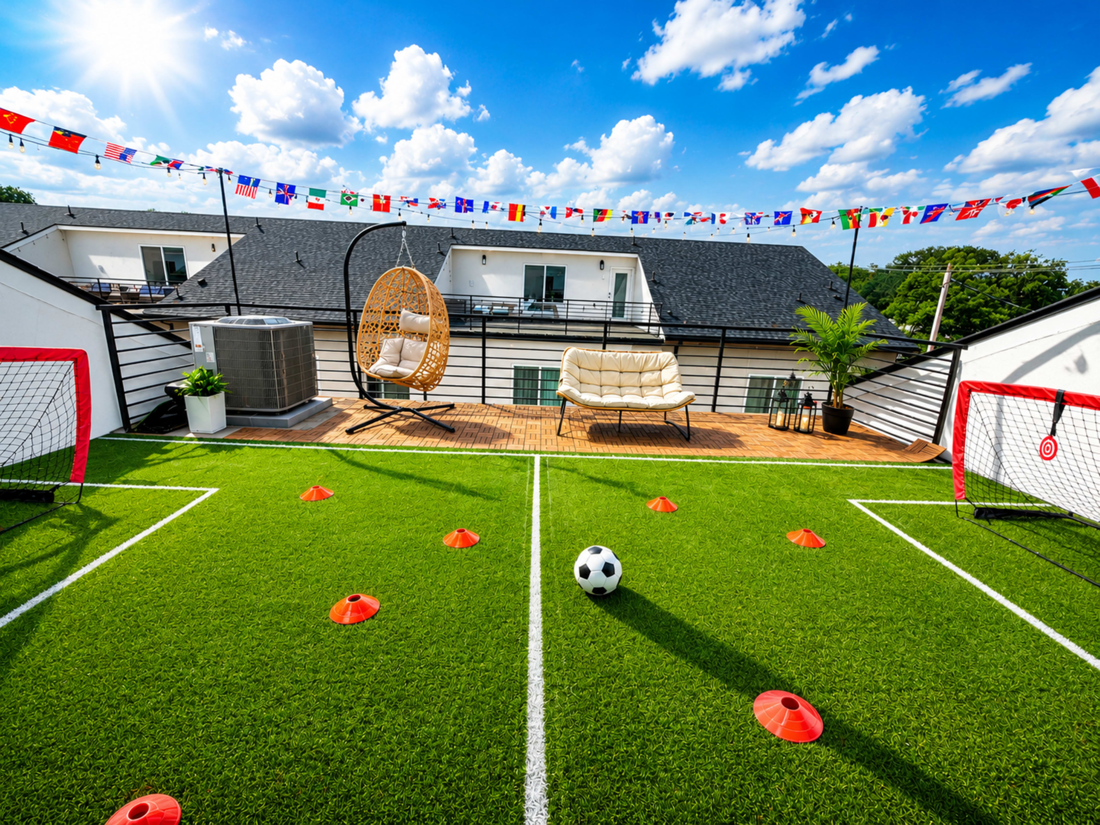 The image shows a rooftop space featuring a mini soccer field with goals, cones, and a soccer ball, accompanied by a seating area and flags of different countries overhead.