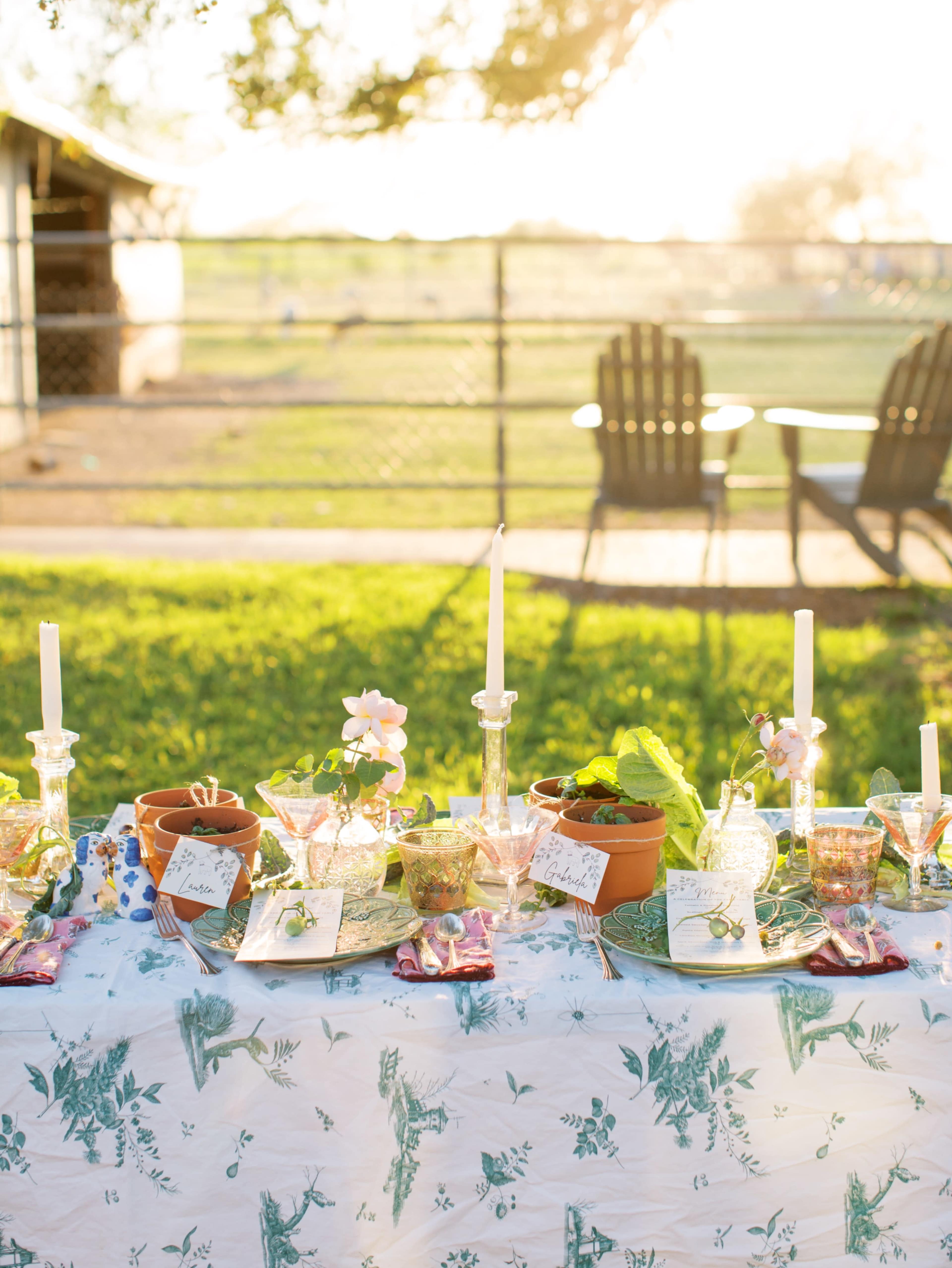 A beautifully set outdoor dining table adorned with decorative tableware, flower arrangements, and potted plants, illuminated by warm evening light.