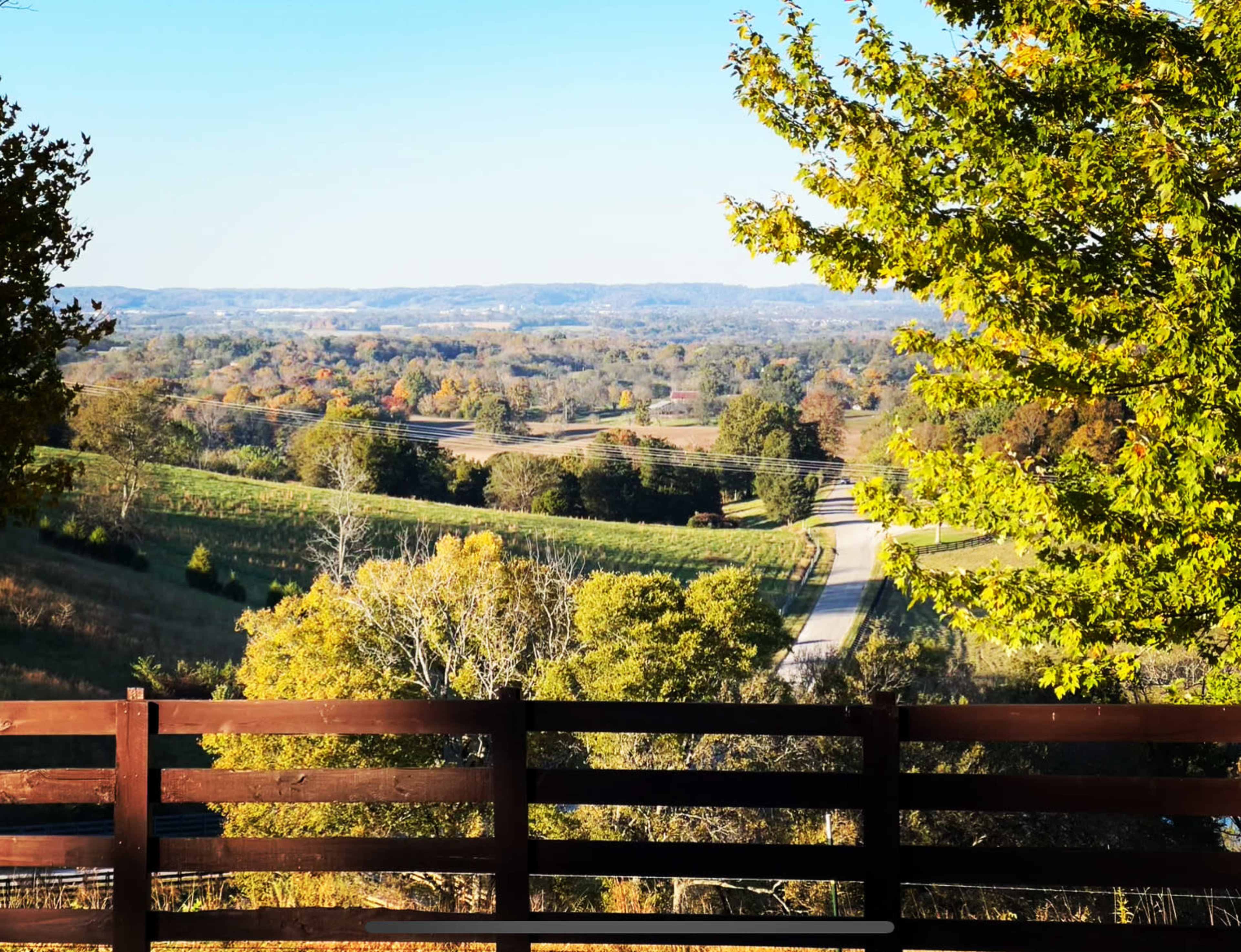 The image shows a scenic view of rolling hills and a winding road framed by wooden fencing and trees.