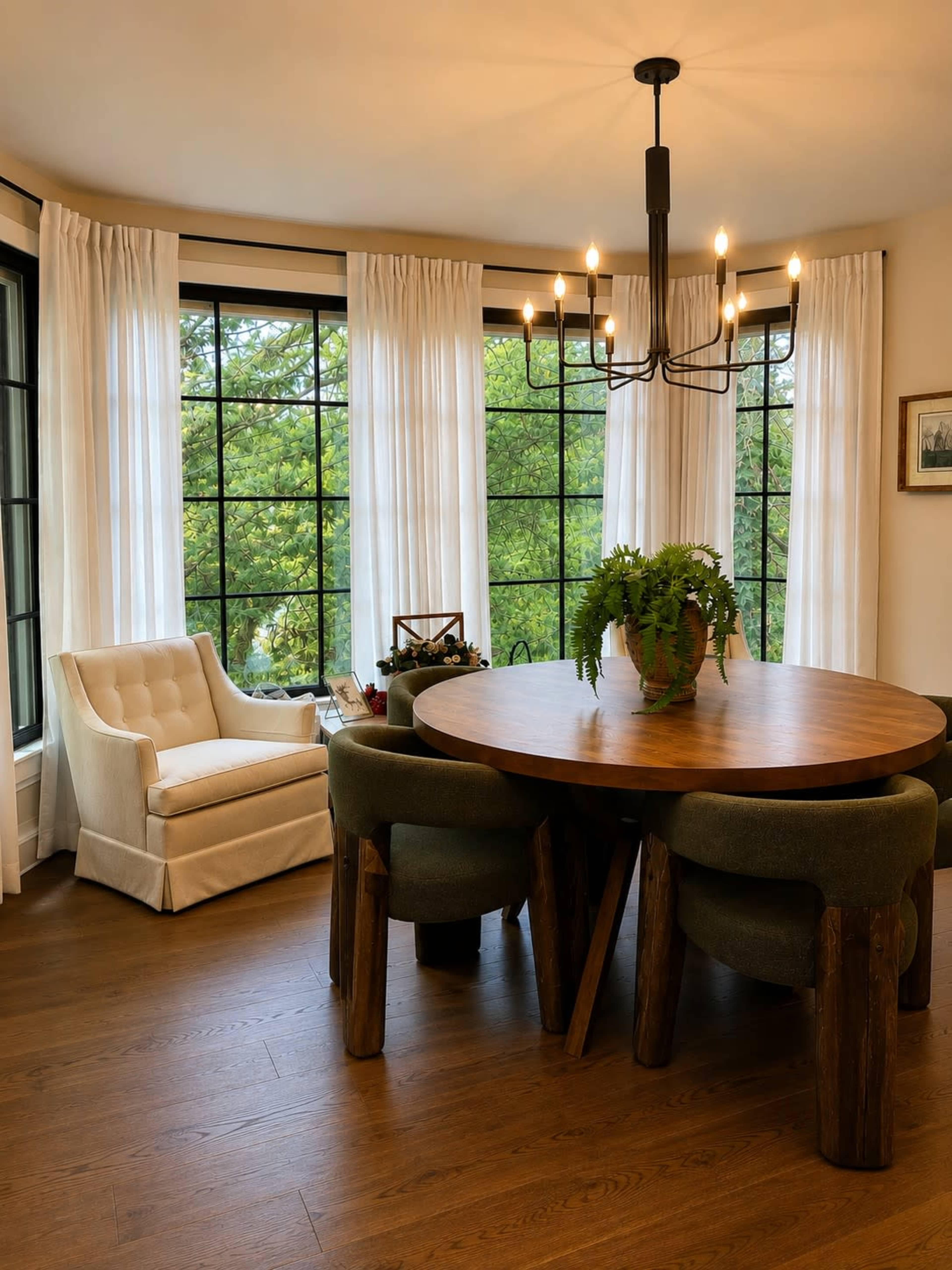 A circular wooden dining table with upholstered chairs is positioned in a bright room with large windows and sheer curtains, overlooking greenery.