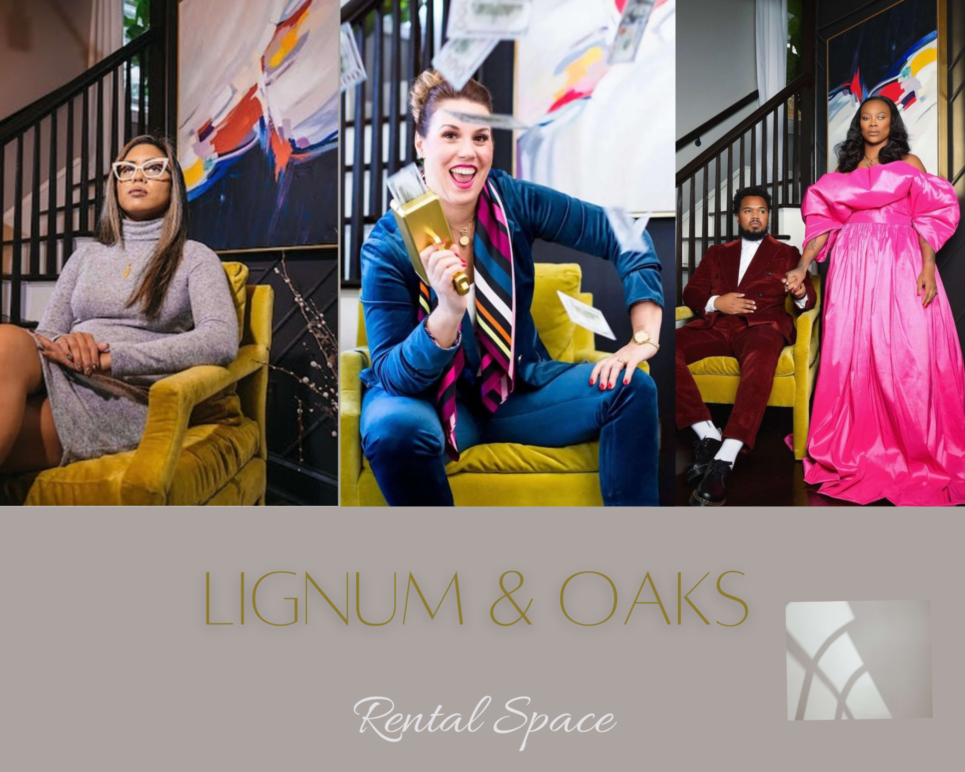 Three individuals dressed stylishly, posing in a modern rental space with vibrant artwork in the background.