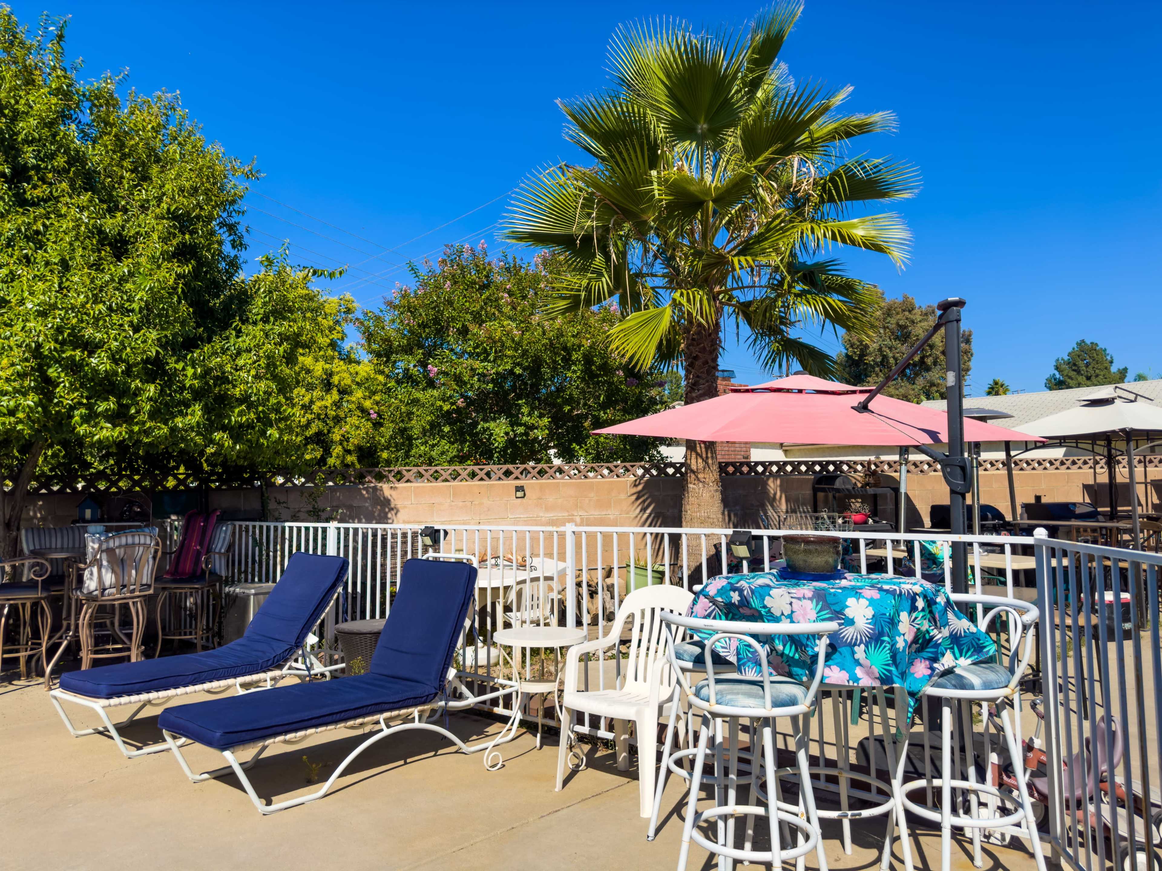 The image shows a sunlit patio area with two lounge chairs, a table with a tropical print tablecloth, and a canopy umbrella, surrounded by greenery and palm trees.