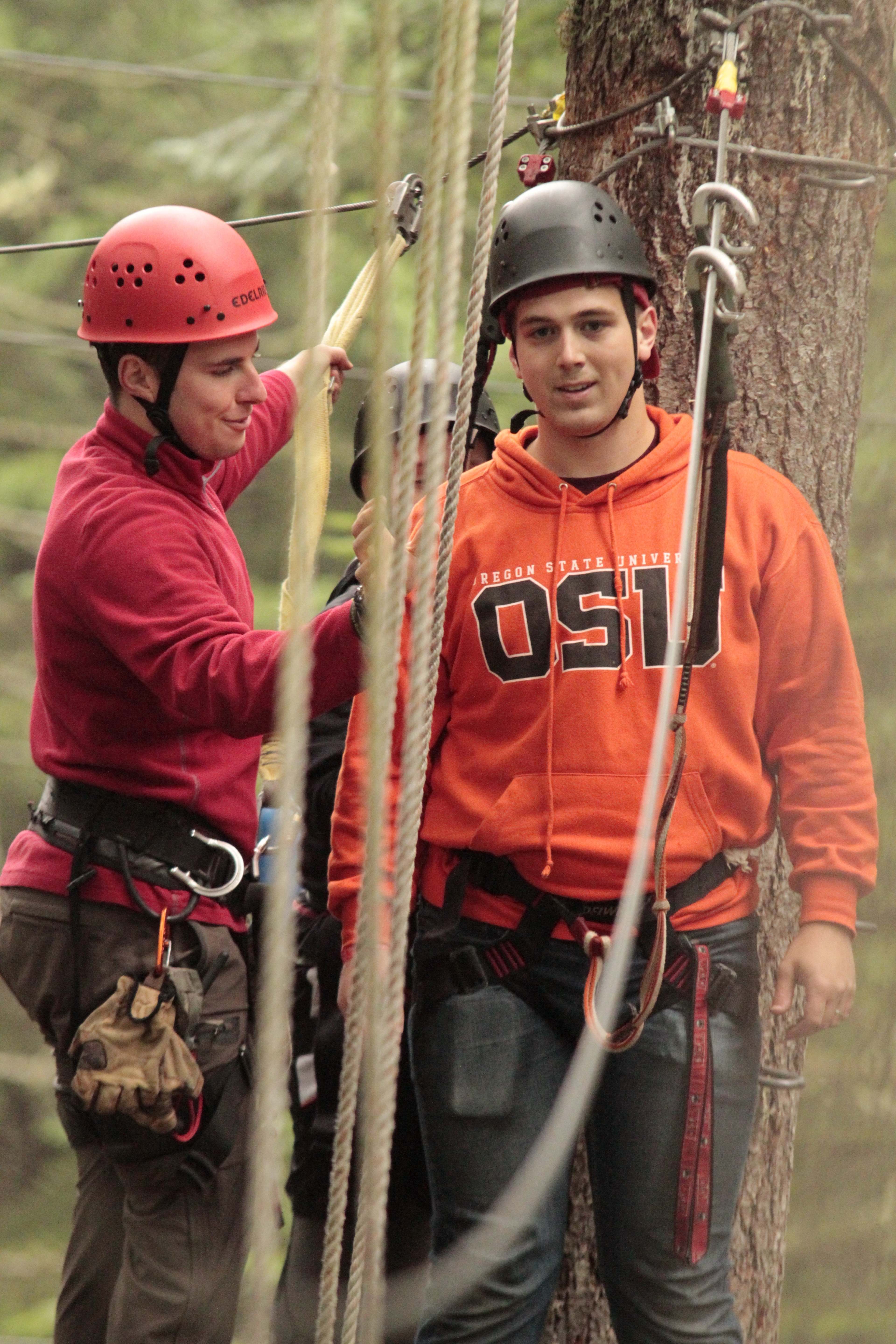 Two individuals in helmets and climbing gear are preparing for a climb on a tree in a forested area.