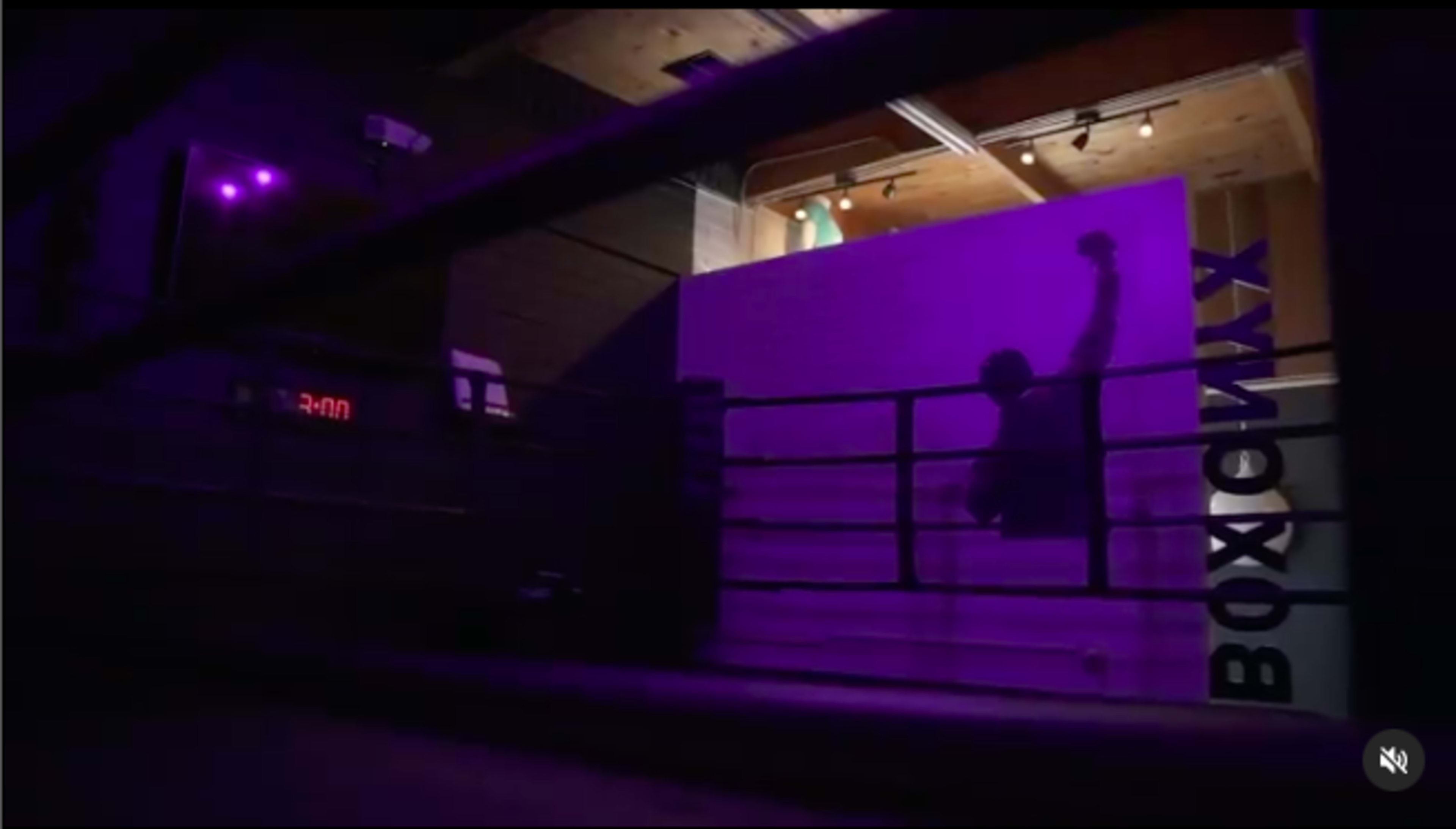 A boxer throws a punch in a dimly lit ring with purple lighting and a timer visible in the background.