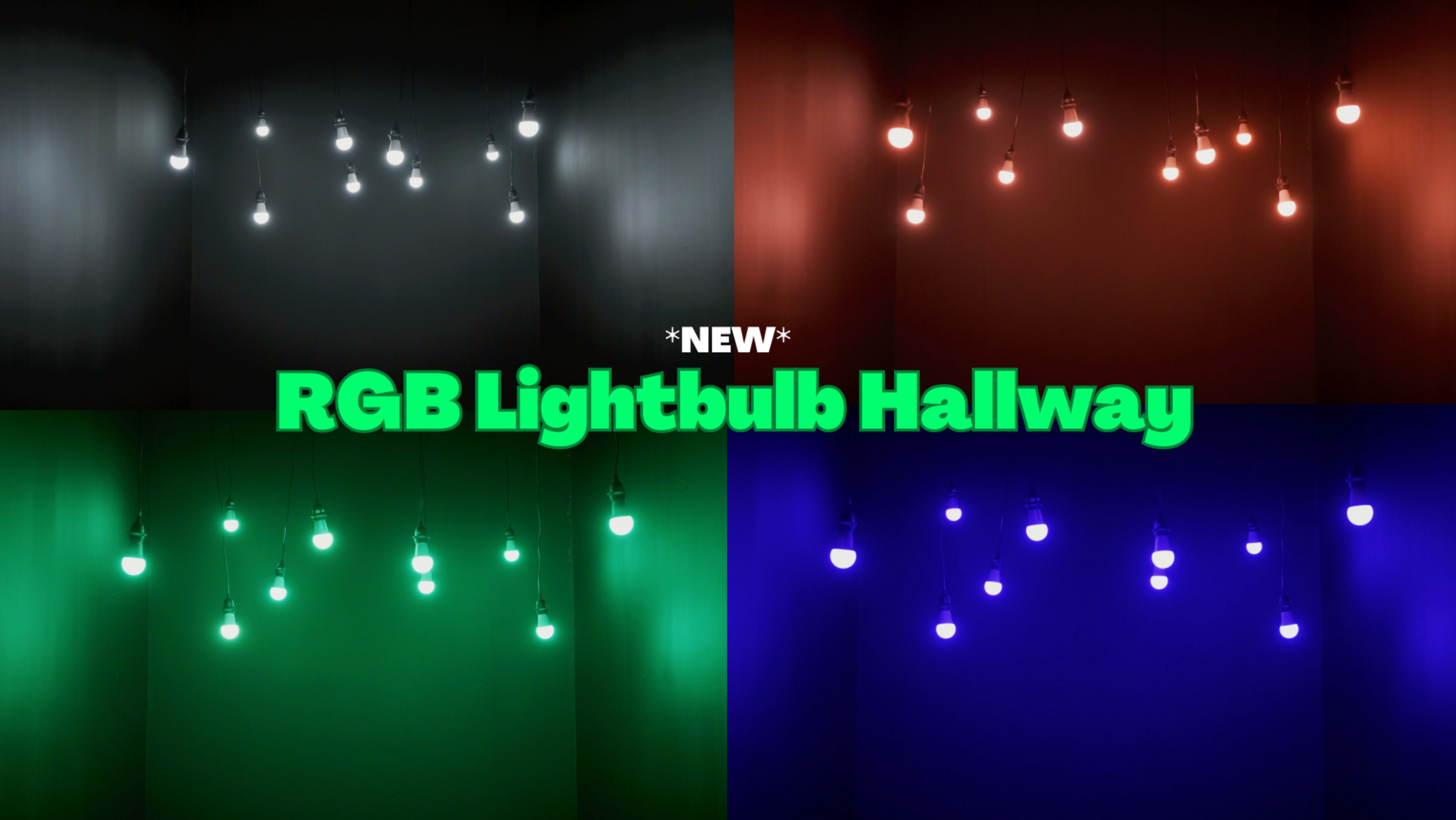 A hallway with multiple RGB lightbulbs hanging from the ceiling, illuminating the space in various colors including red, green, blue, and white.
