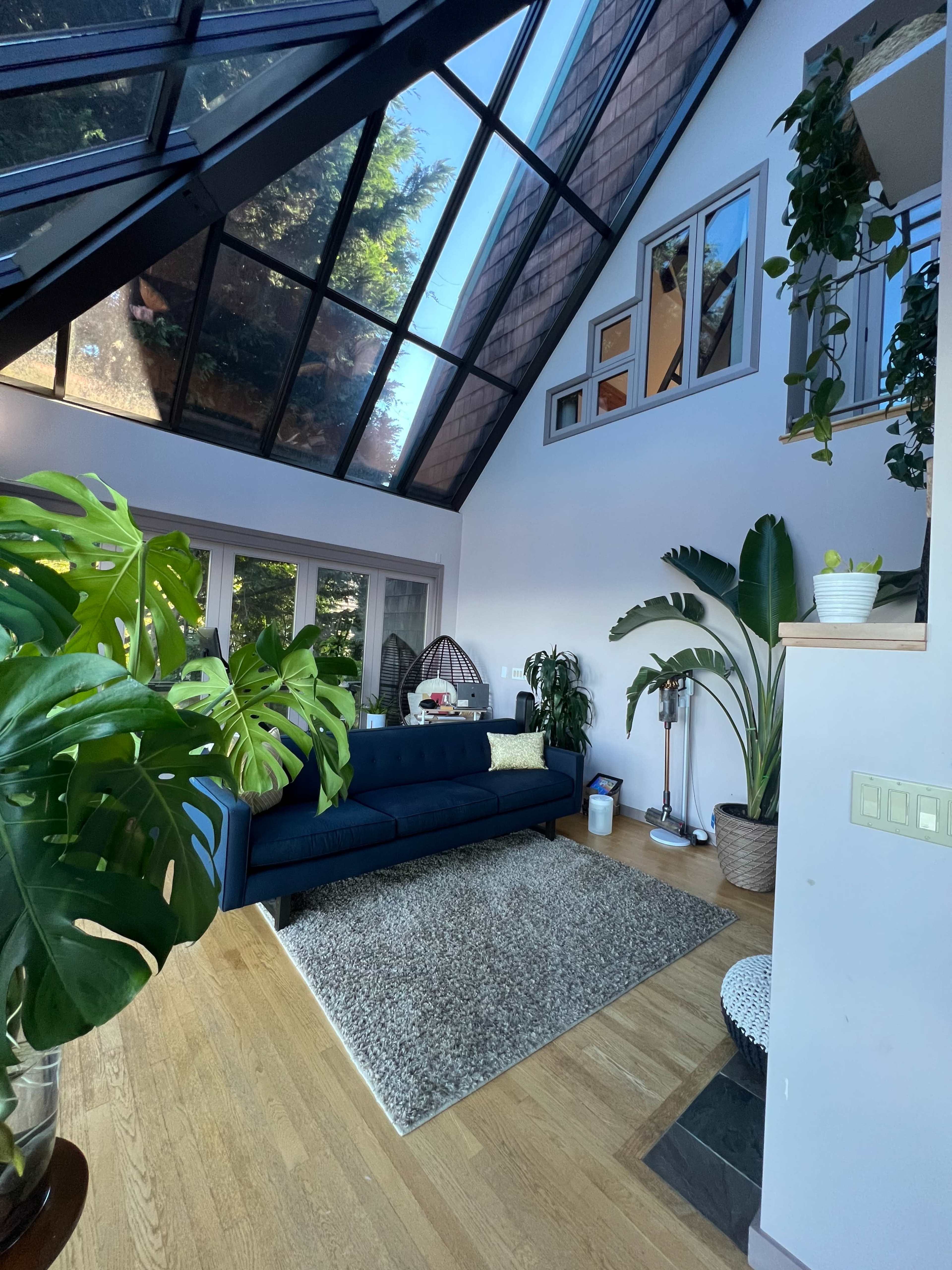 A spacious living area features a dark sofa, large plants, and a glass ceiling that lets in natural light.