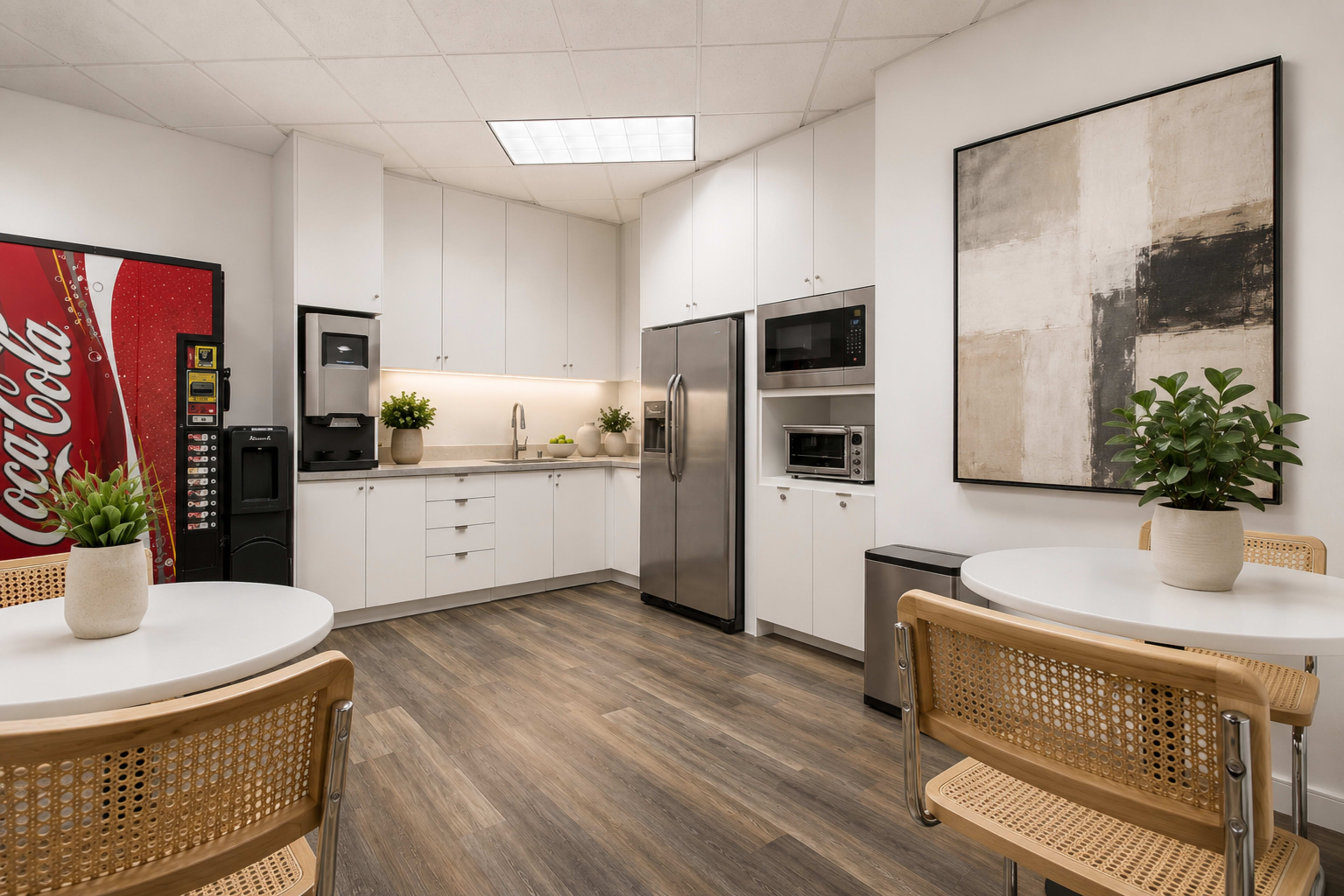 The image shows a modern kitchen area featuring white cabinets, stainless steel appliances, two round tables with chairs, and a Coca-Cola vending machine against a background of wooden flooring.