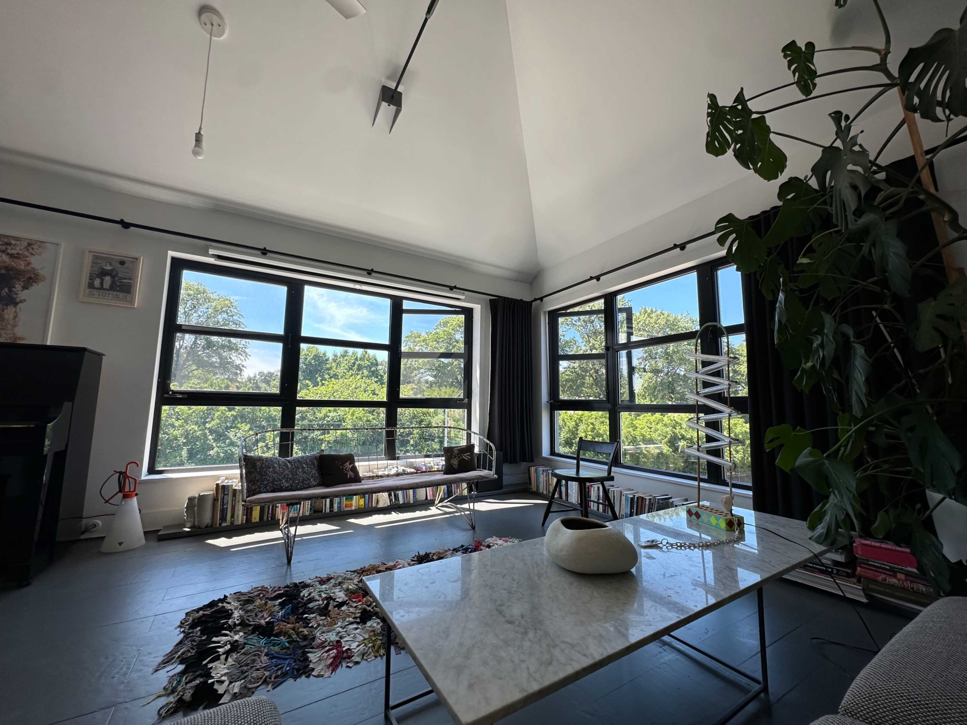 The image shows a modern living room with large windows allowing natural light, a minimalist coffee table, and a colorful rug.