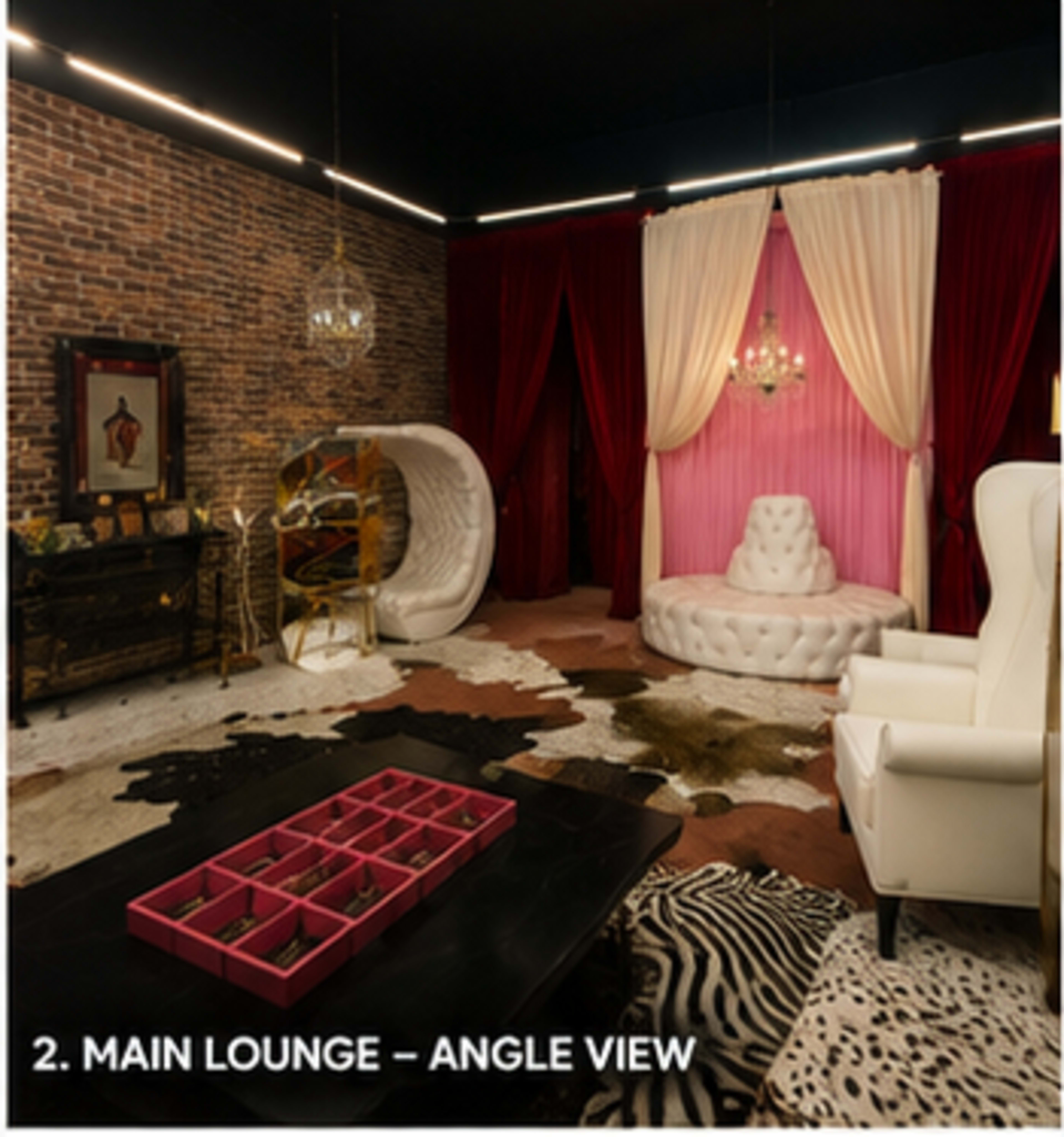 The image depicts a stylish lounge area featuring a plush white seating arrangement, a vibrant pink backdrop, and patterned rugs on a hardwood floor, alongside decorative elements like a chandelier and gold accents.