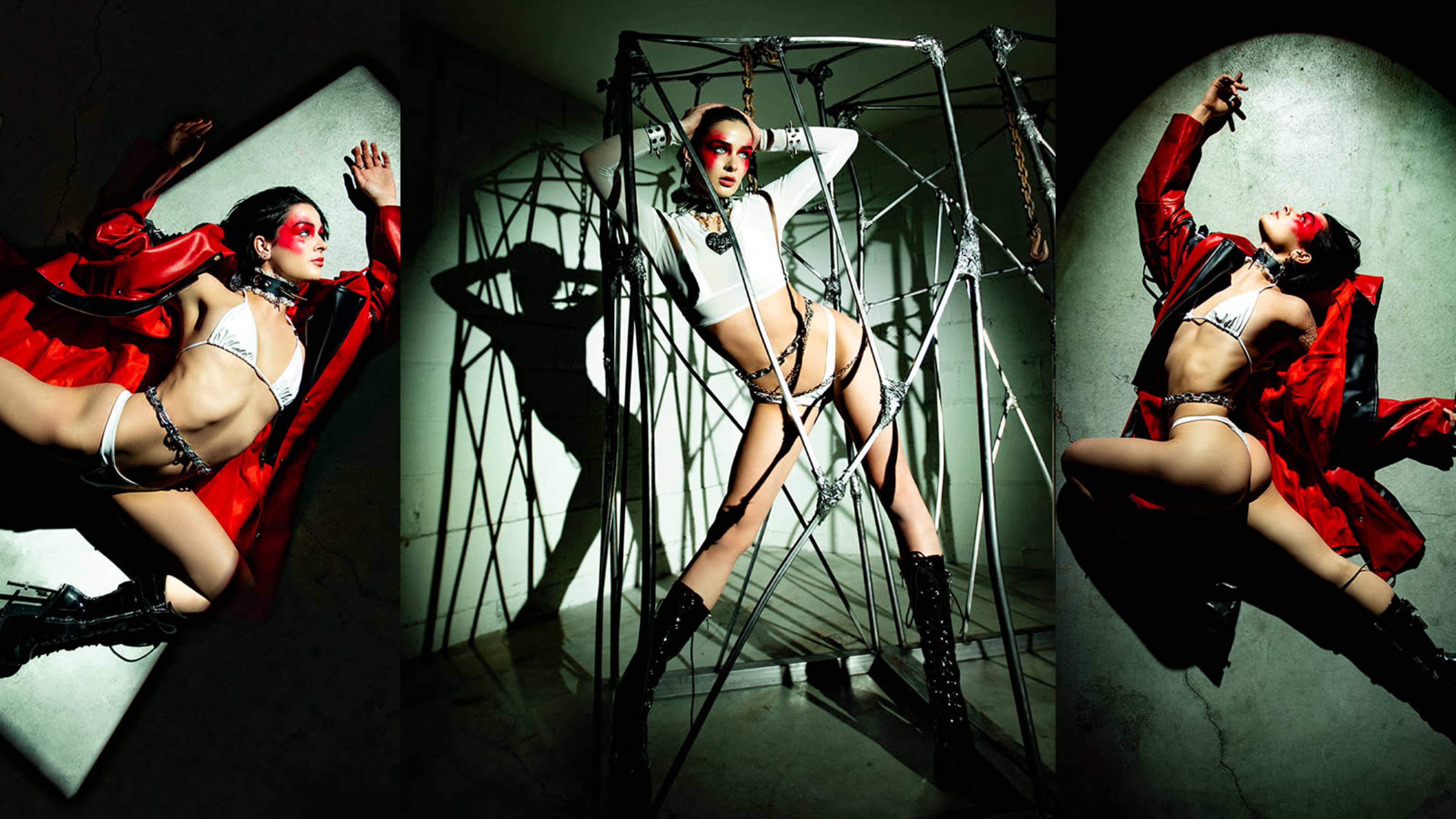 A model in varying poses, dressed in lingerie and a red trench coat, positioned in a dimly lit space with dramatic lighting and metallic props.