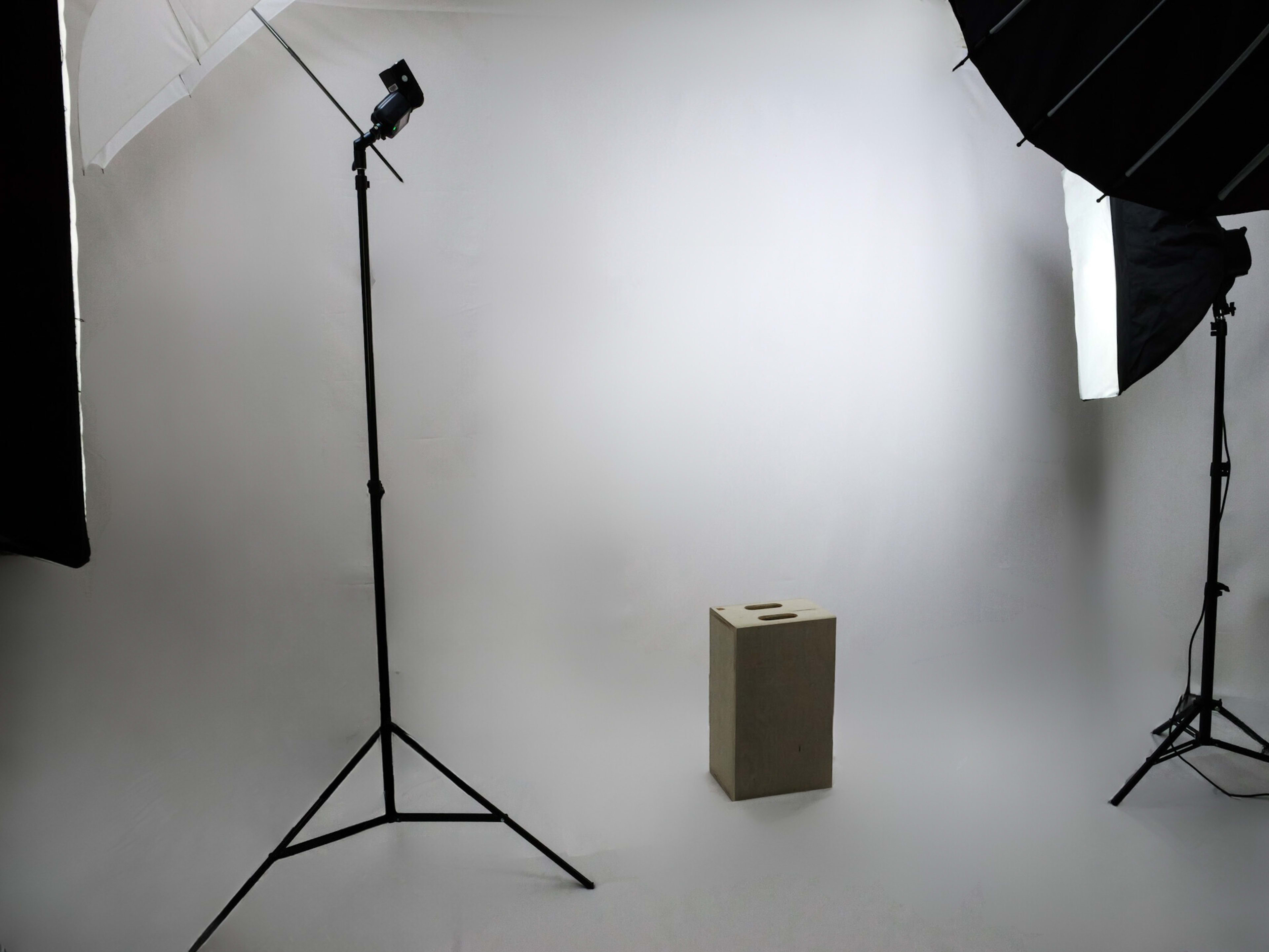 A photography studio is set up with two softbox lights and a plain backdrop, featuring a small pedestal in the center.