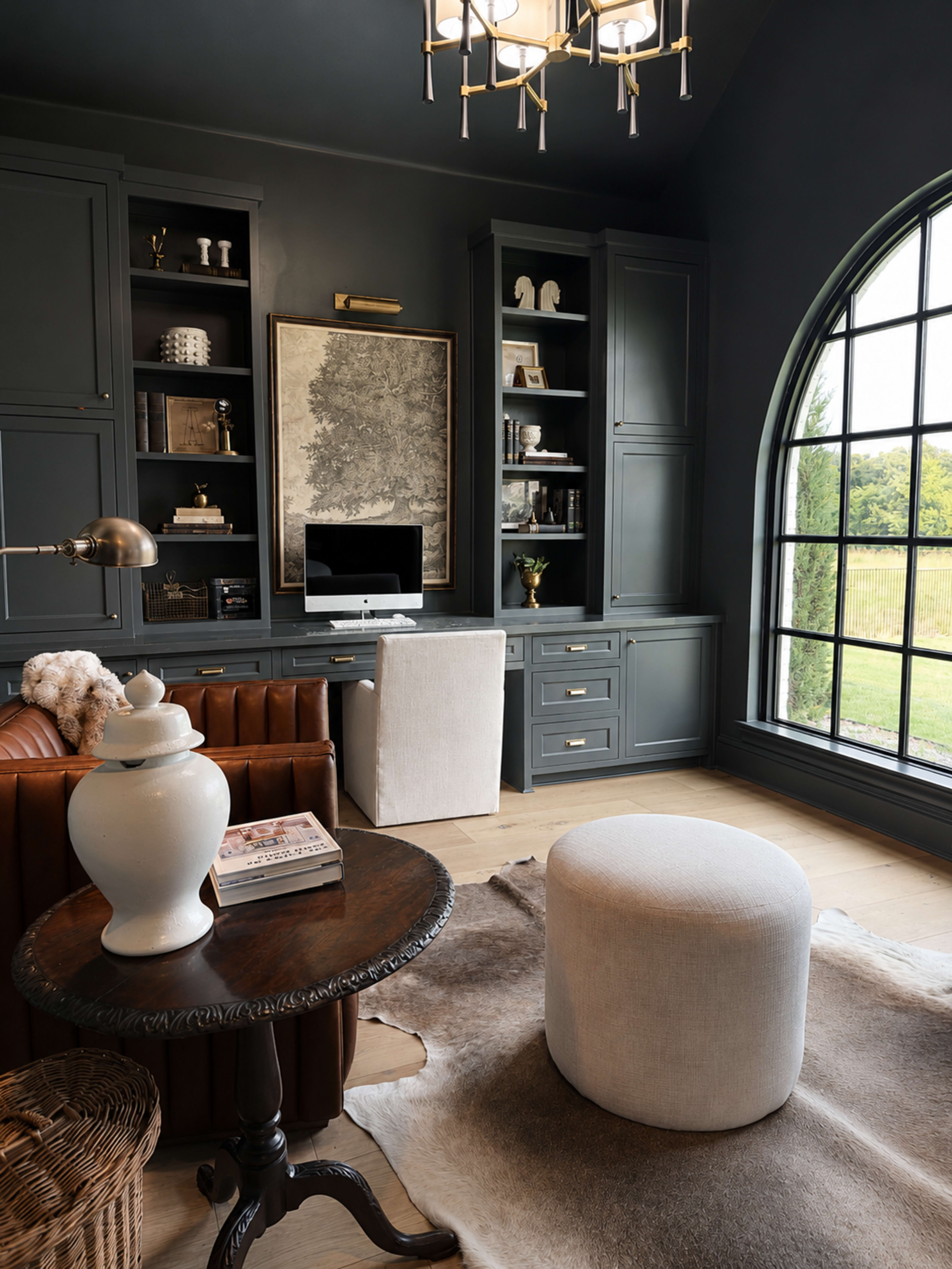The image shows a modern home office featuring a dark color scheme, a wooden desk with a circular stool, a large window, and built-in shelving filled with decorative items.