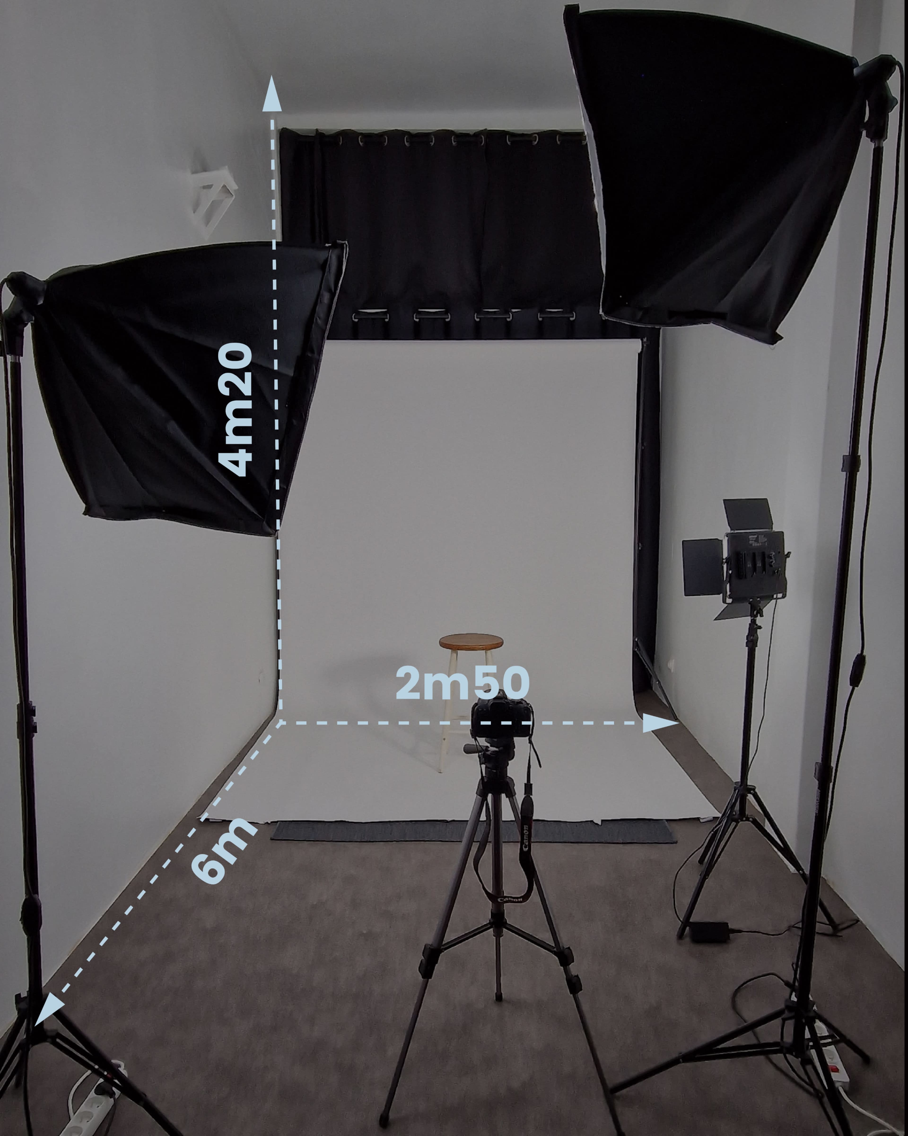 The image shows a photography studio setup with two large softbox lights, a tripod-mounted camera, and a stool in front of a plain backdrop.