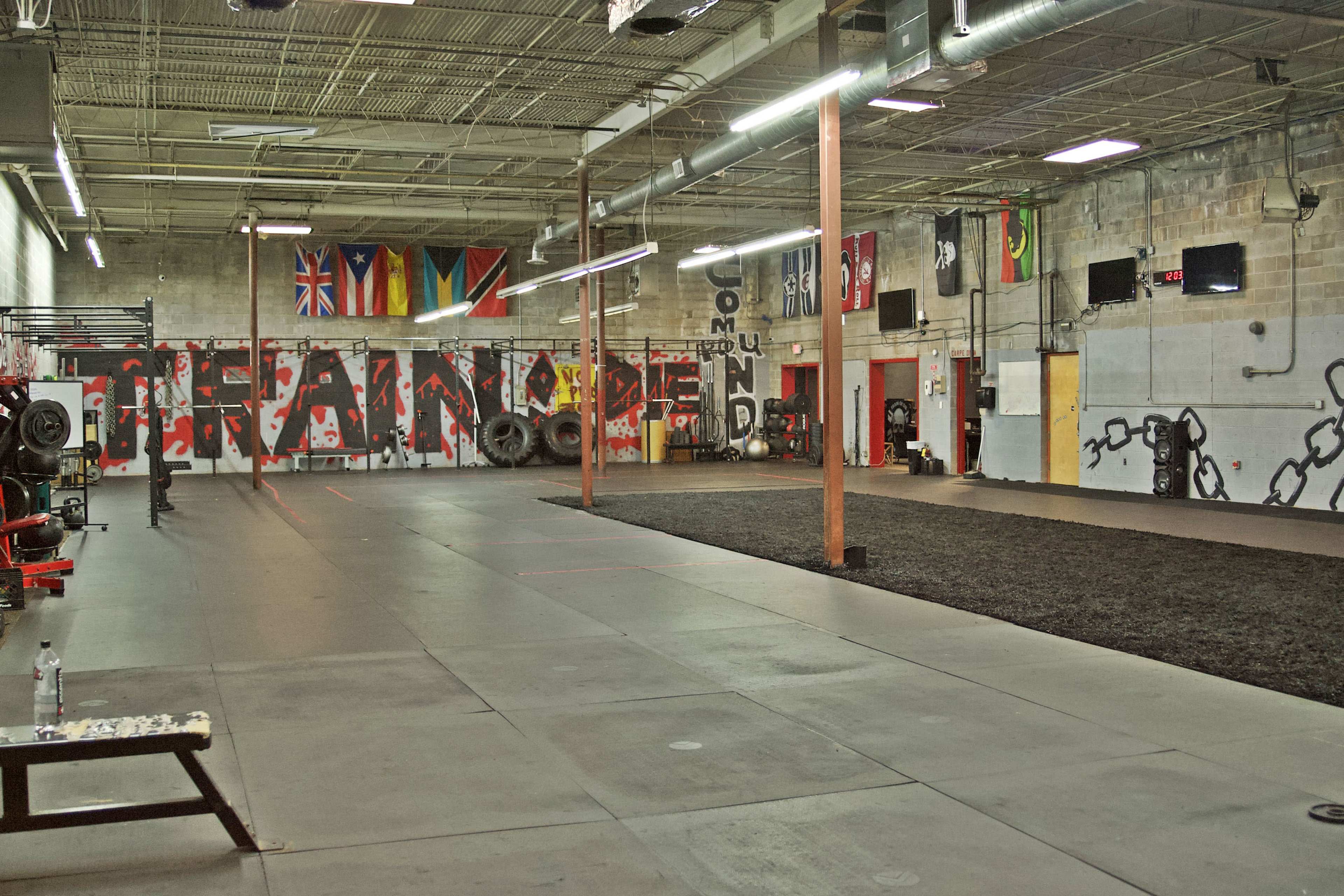 A spacious gym interior with exercise equipment on one side and a turf area on the other, featuring a mural and various flags on the walls.