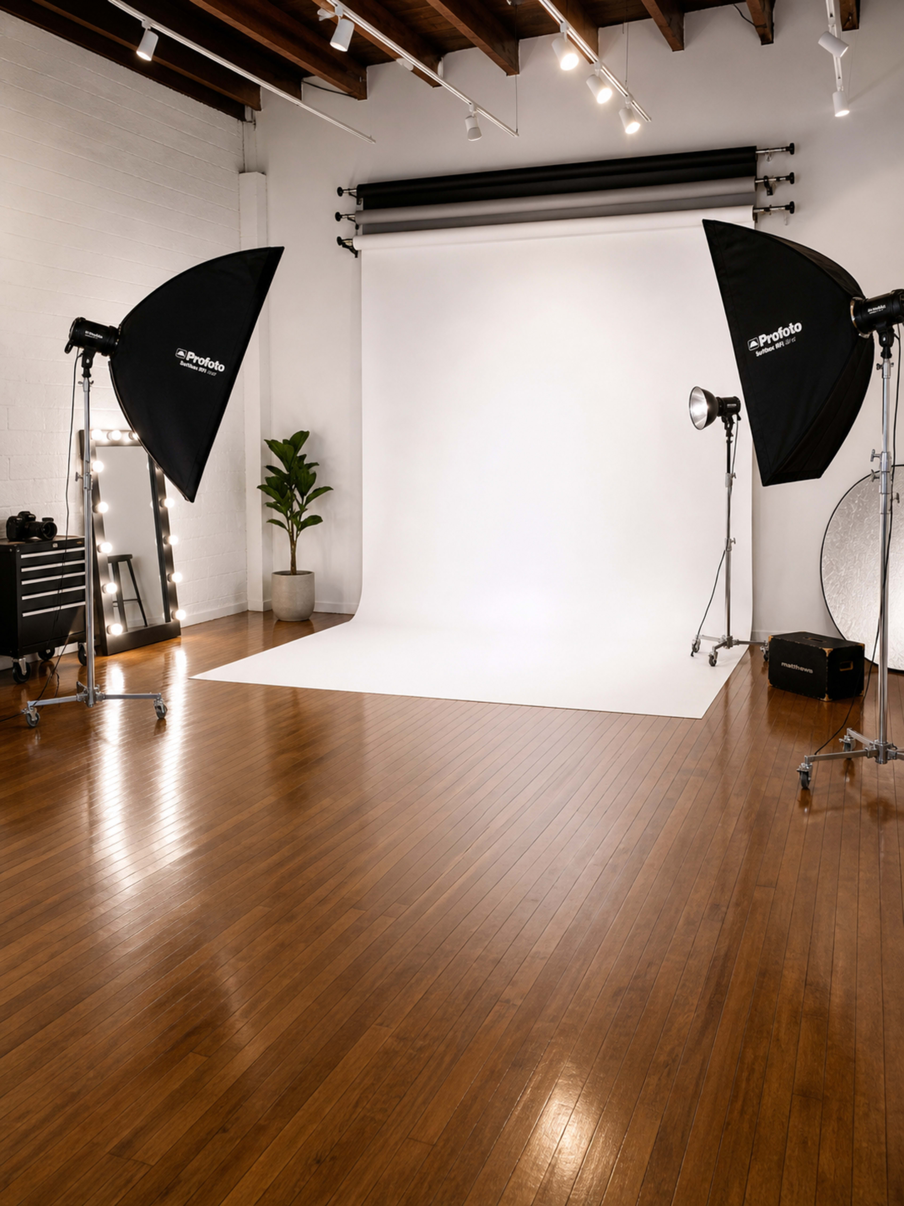 The image shows a well-lit photography studio with a white backdrop, two large light sources, a potted plant, and various equipment arranged nearby.