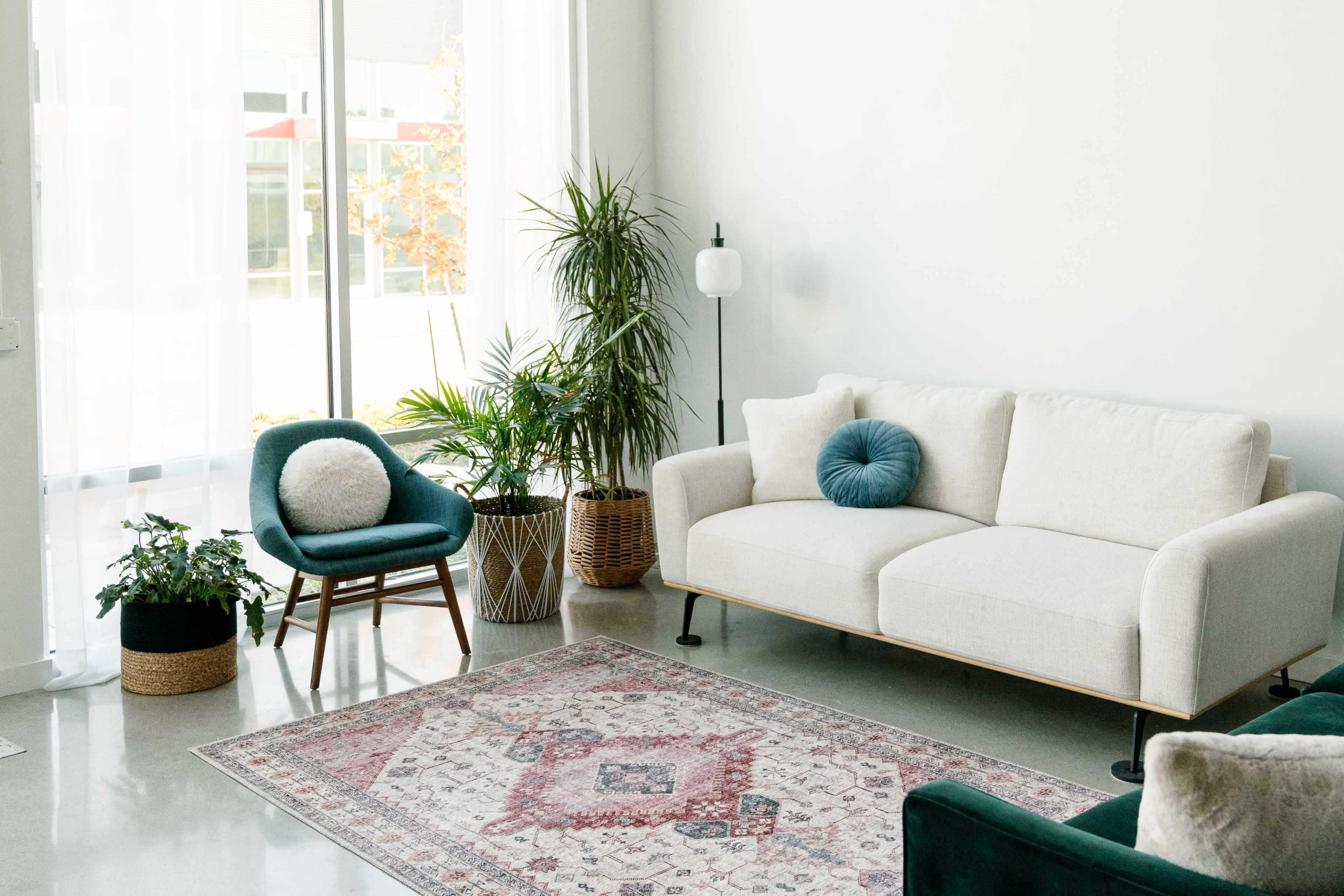 A bright living room with a beige sofa, a teal armchair, a decorative rug, and potted plants near large windows.