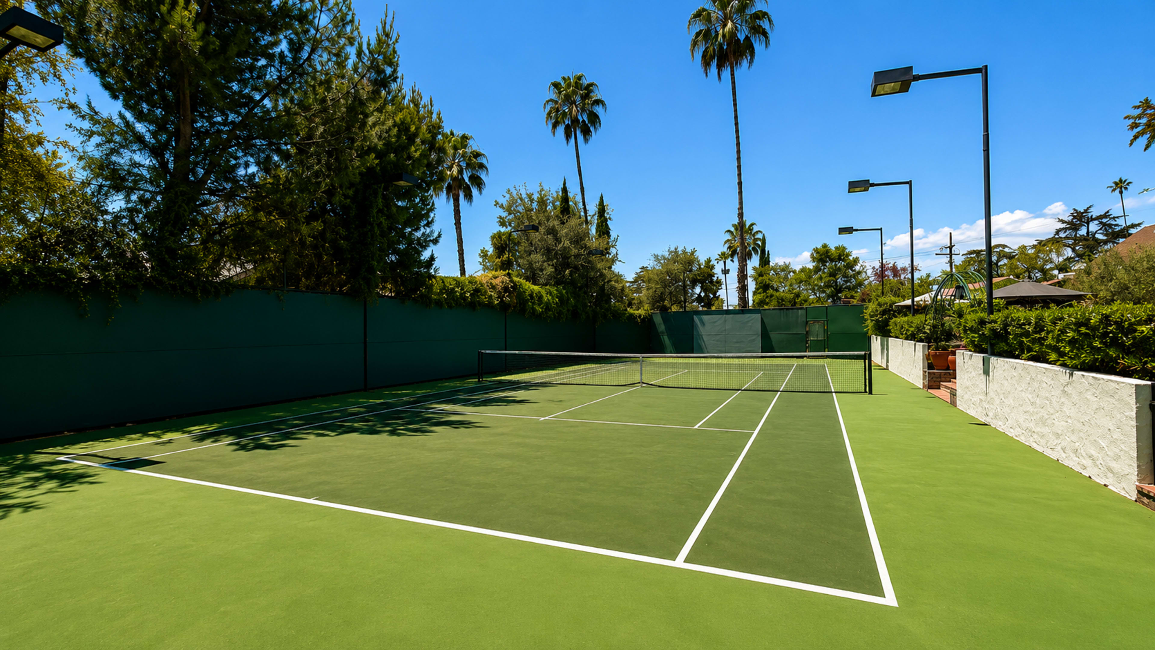 The image shows an empty green tennis court surrounded by tall trees and palm trees under a clear blue sky.