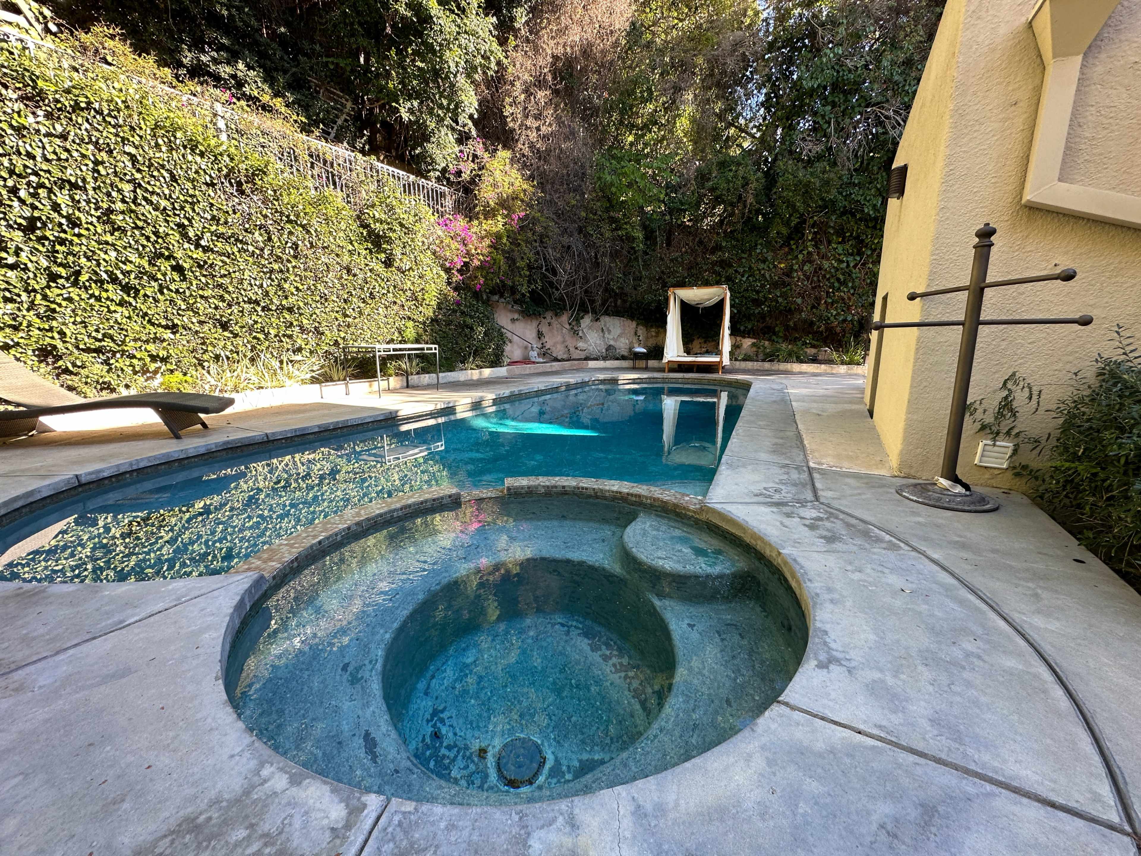 The image depicts a swimming pool with a connected hot tub, surrounded by lush greenery and a stone patio.
