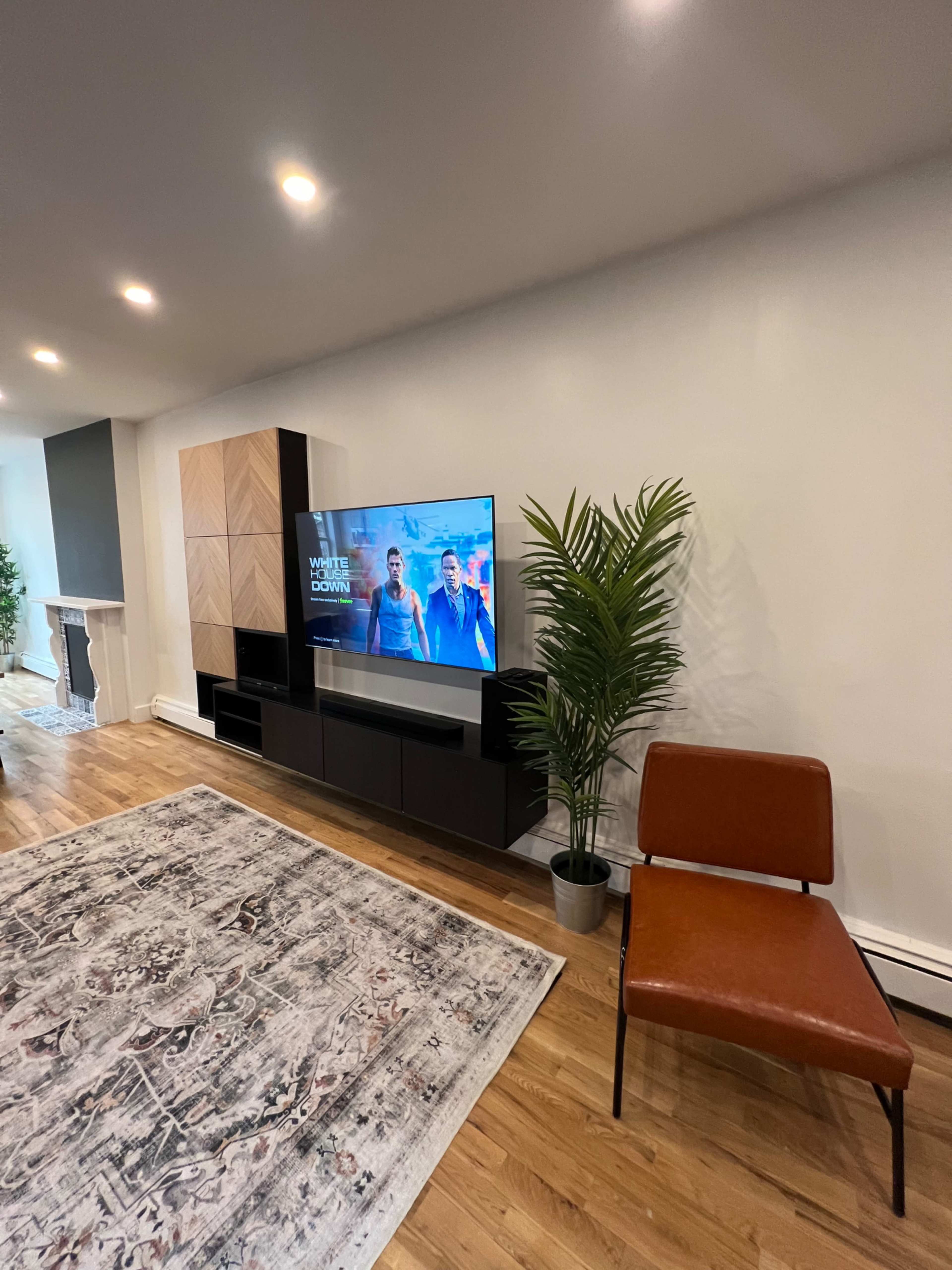 The living room features a television mounted on a black cabinet, a brown chair, a potted plant, and a patterned area rug on a wooden floor.