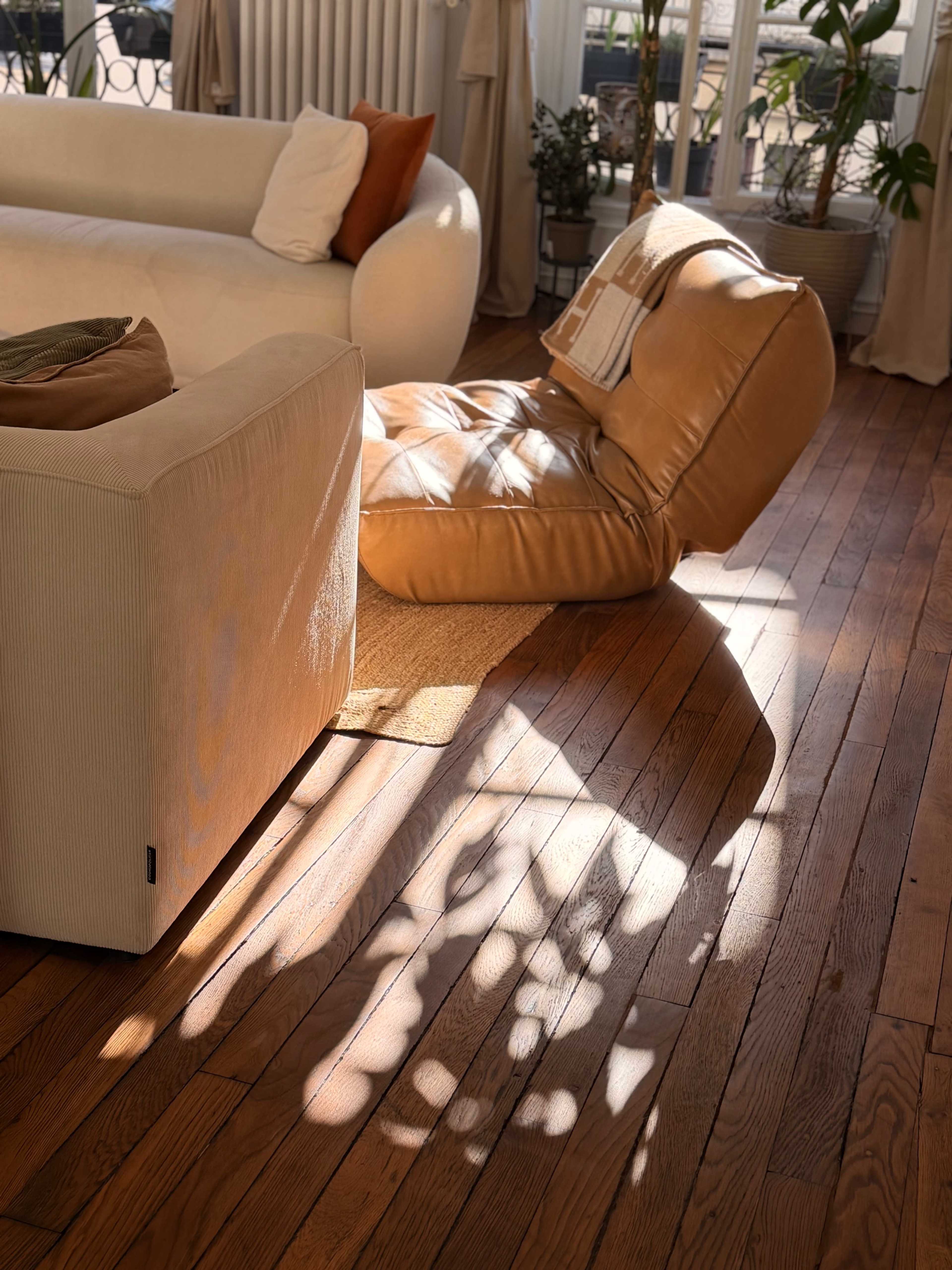 A tan leather lounge chair leans against a light-colored couch on hardwood flooring, with sunlight casting shadows from a nearby plant.