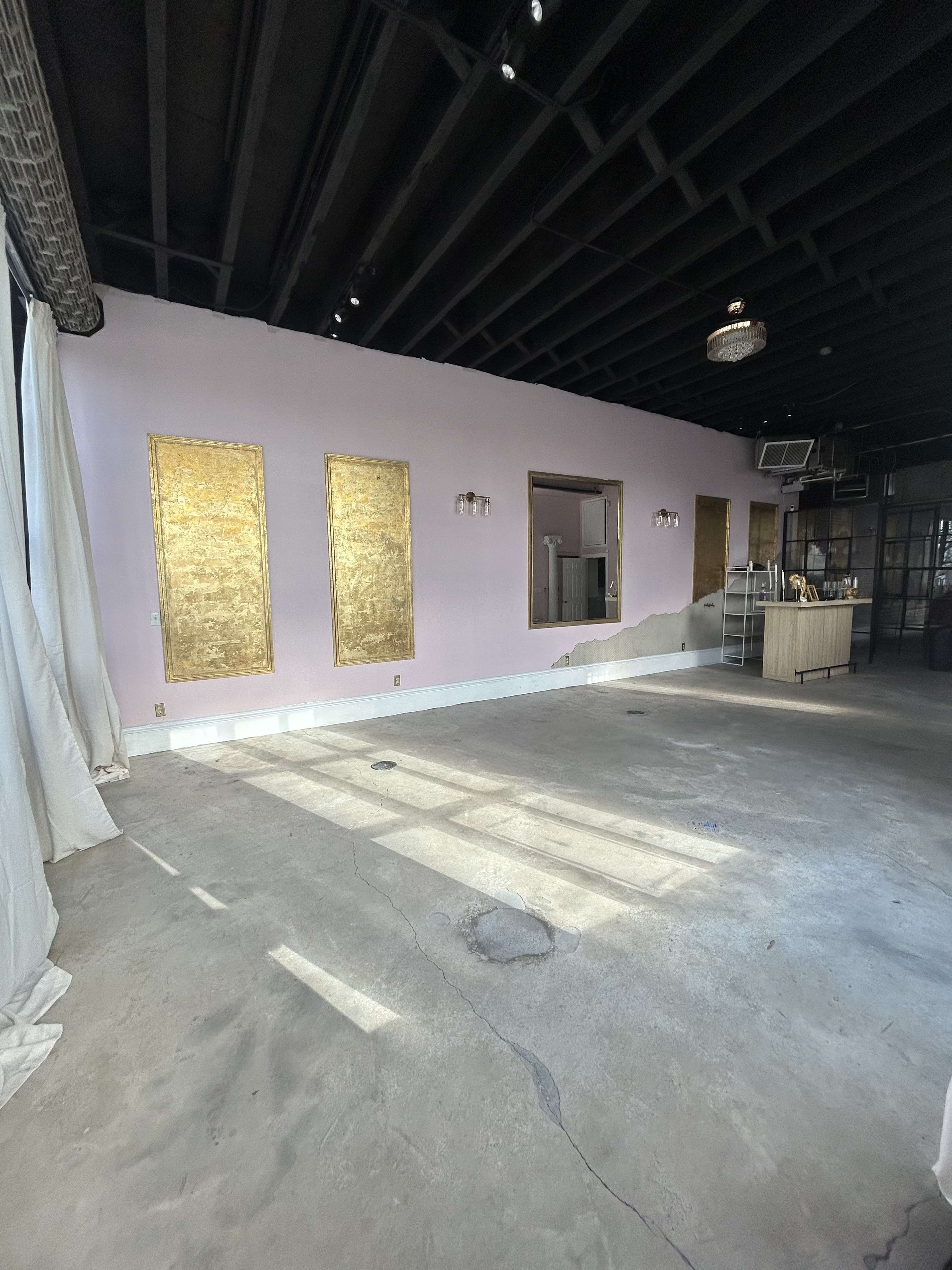 The image shows an empty room with pink walls, gold-framed wall panels, and a concrete floor, illuminated by natural light.