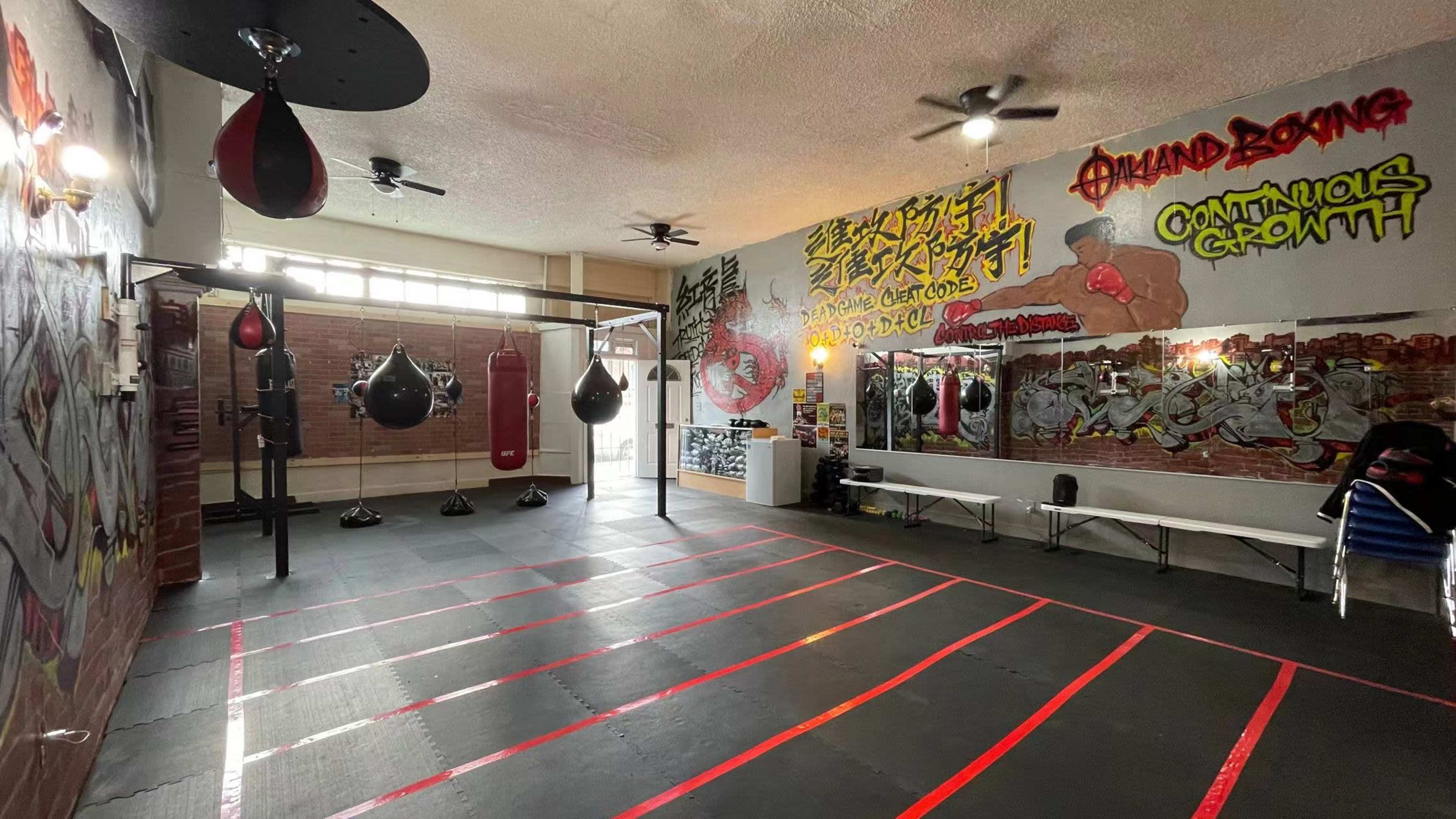 A boxing gym featuring hanging punching bags, a spacious training area marked with red lines, and graffiti-style artwork on the walls.