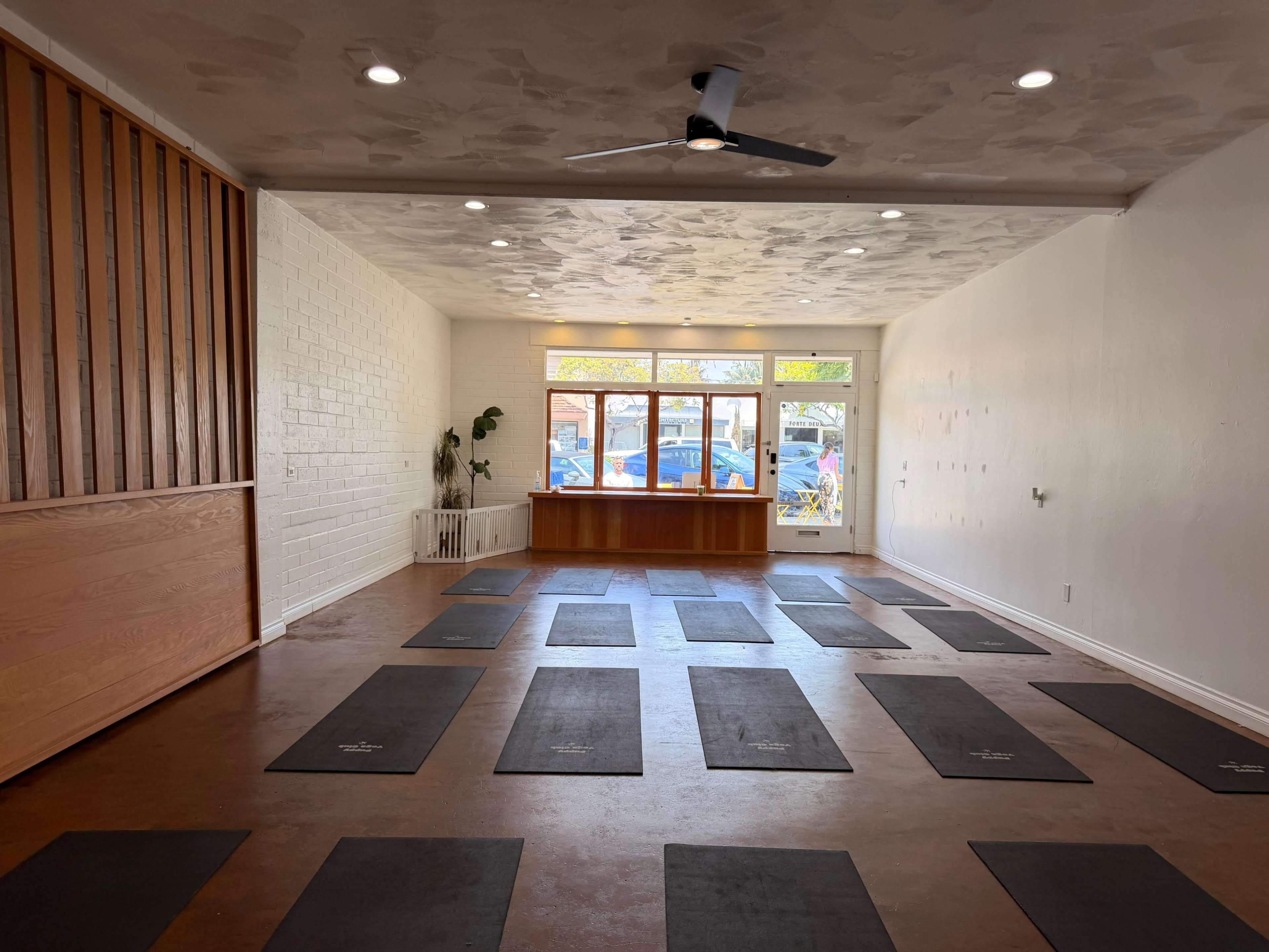 The image depicts a yoga studio with dark yoga mats arranged neatly on a polished floor, and large windows allowing natural light to enter.
