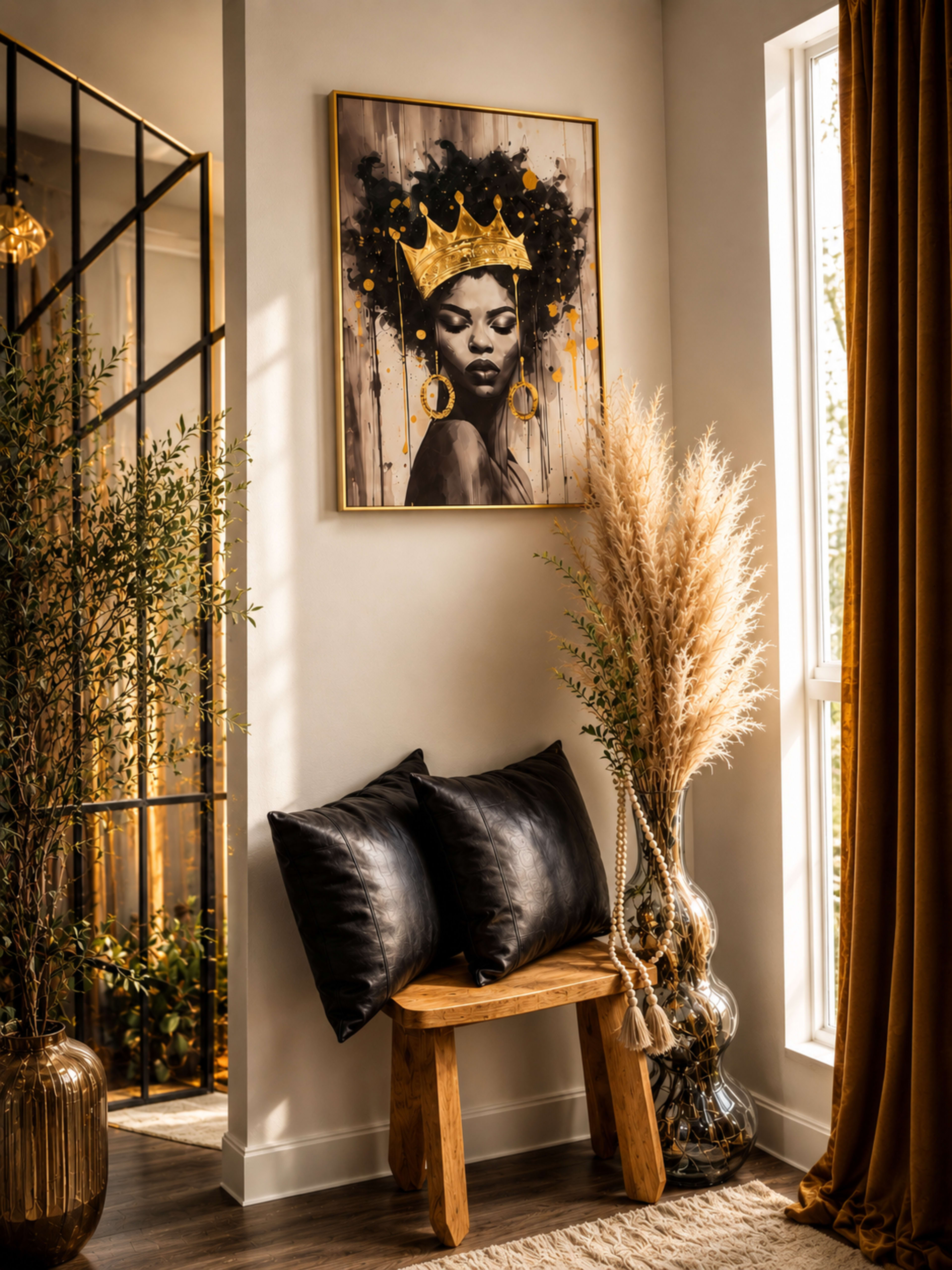 The image shows a stylish interior corner featuring a wooden bench with black cushions, a large decorative vase with pampas grass, and a framed portrait of a woman with a crown on the wall.