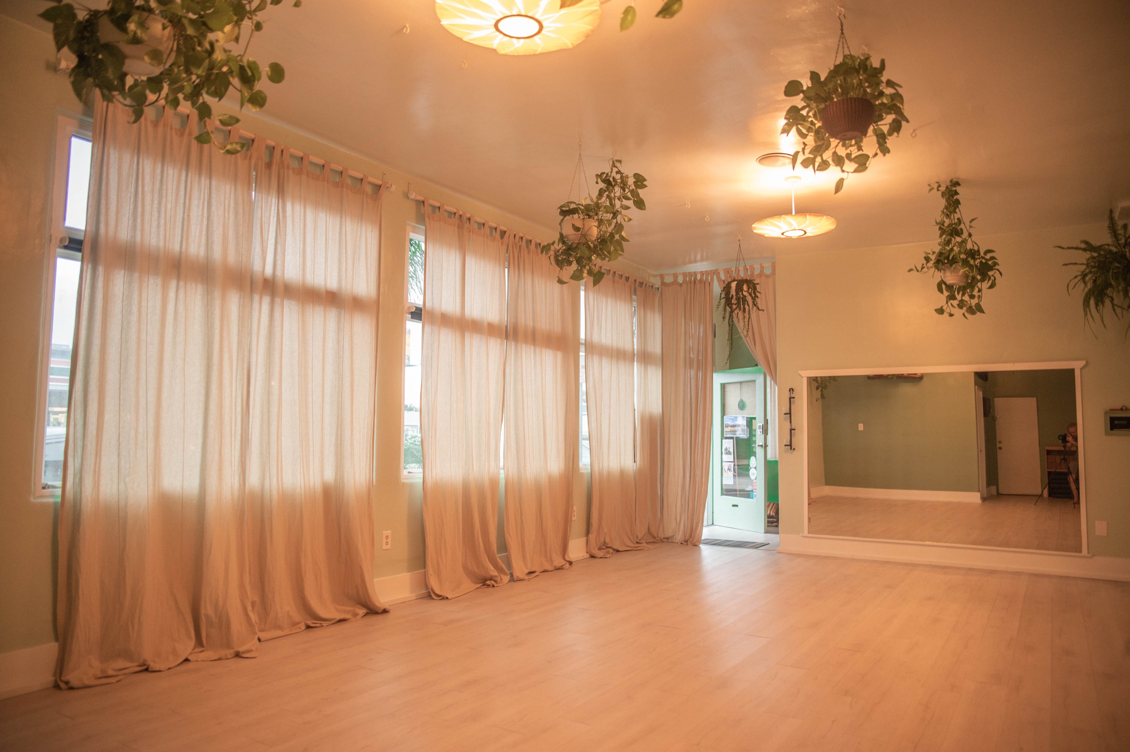 The image shows a spacious room with large windows, light-colored wooden flooring, and sheer curtains, along with several hanging plants and a full-length mirror on one wall.