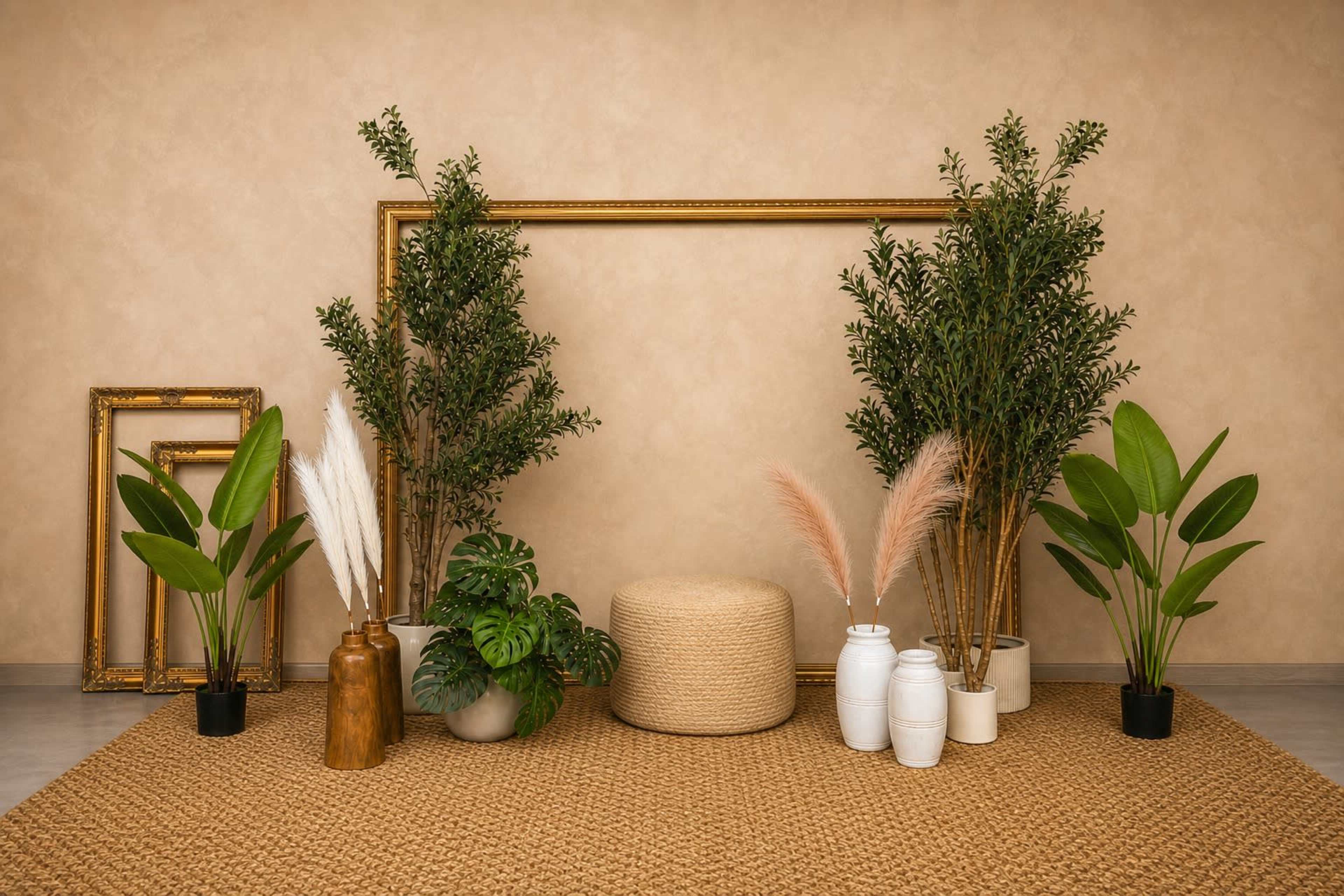 The image shows a minimalist interior arrangement featuring a textured beige wall, two decorative frames, potted plants, a woven ottoman, and a natural fiber rug.
