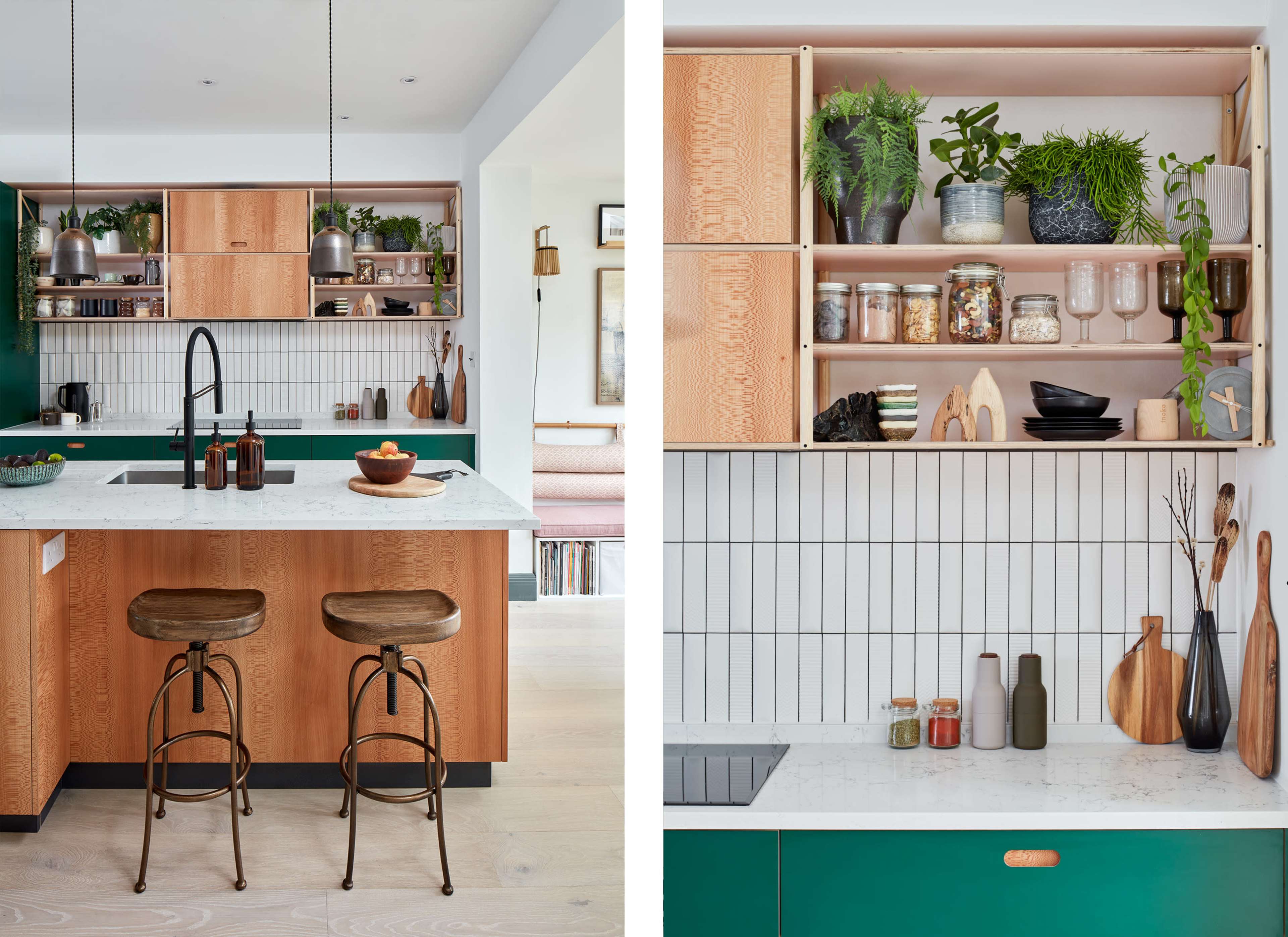 A modern kitchen with wooden cabinetry, a marble countertop, and various plants and kitchenware displayed on open shelves.