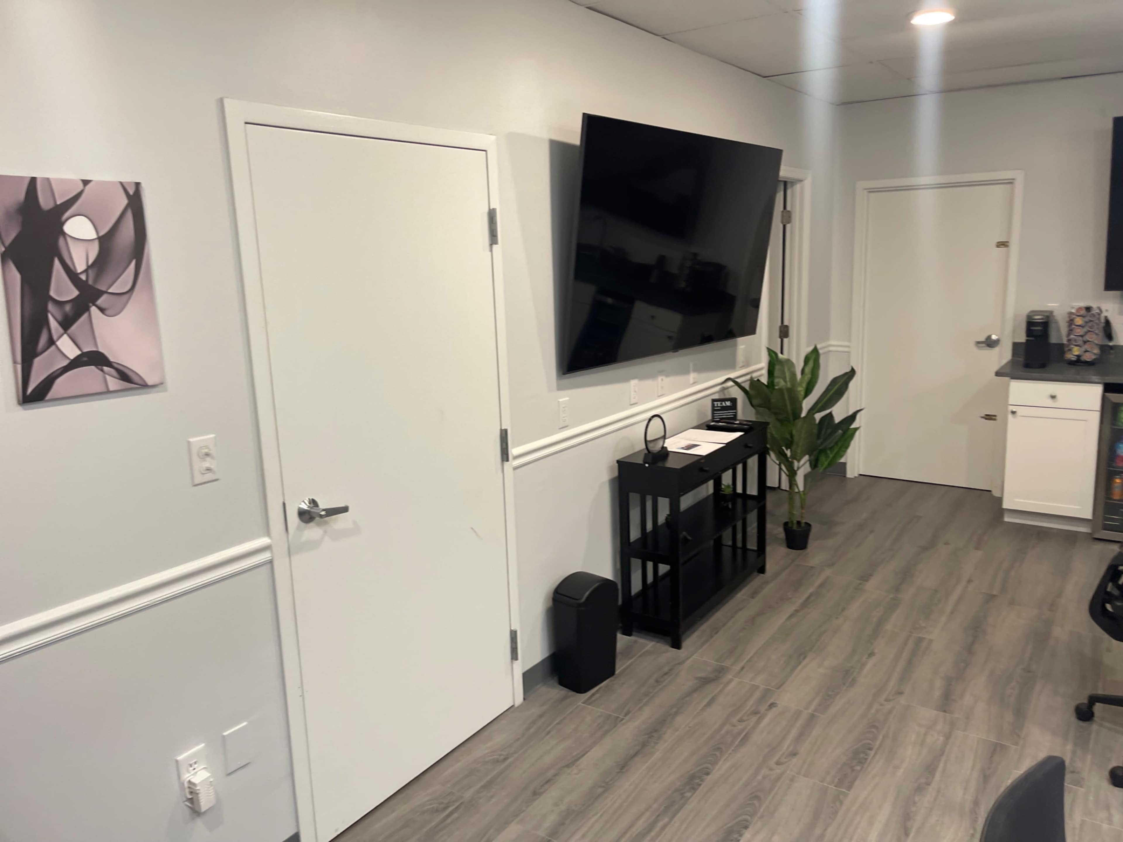 A modern interior room with a large wall-mounted television, a small plant, a black cabinet, and a closed white door.