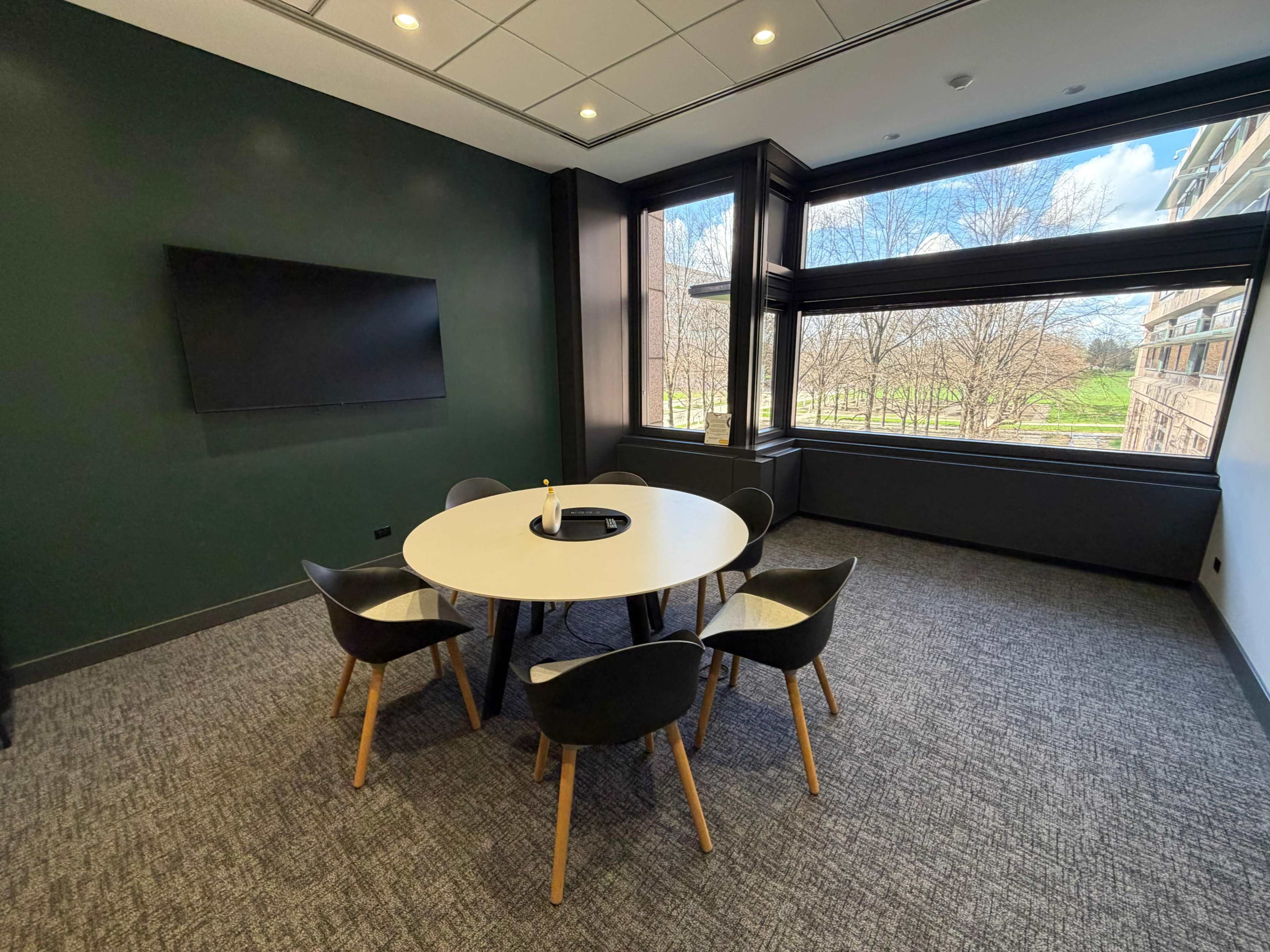 The image shows a conference room with a round table and six chairs, a television mounted on the wall, and large windows overlooking a green landscape.