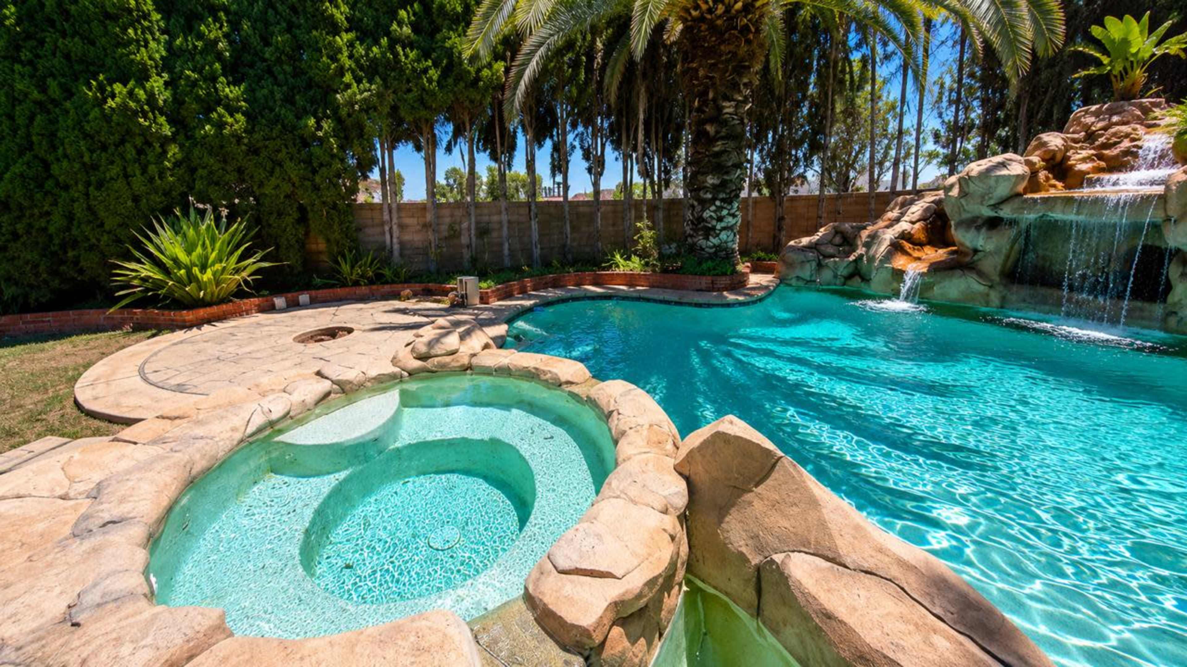 The image shows a backyard featuring a pool with a rock formation and spa area, surrounded by tropical plants and a palm tree.