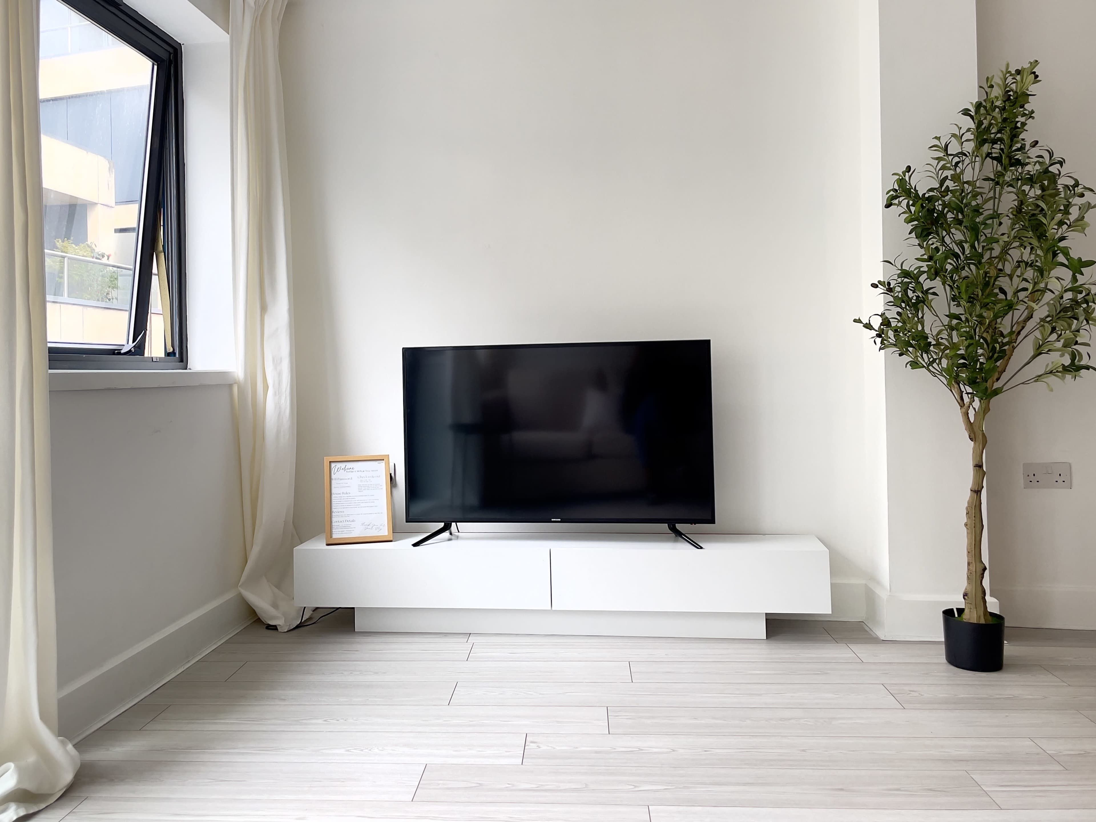 A modern living room features a black television on a sleek white stand, with a framed document and a potted plant nearby, set against a light-colored wall.