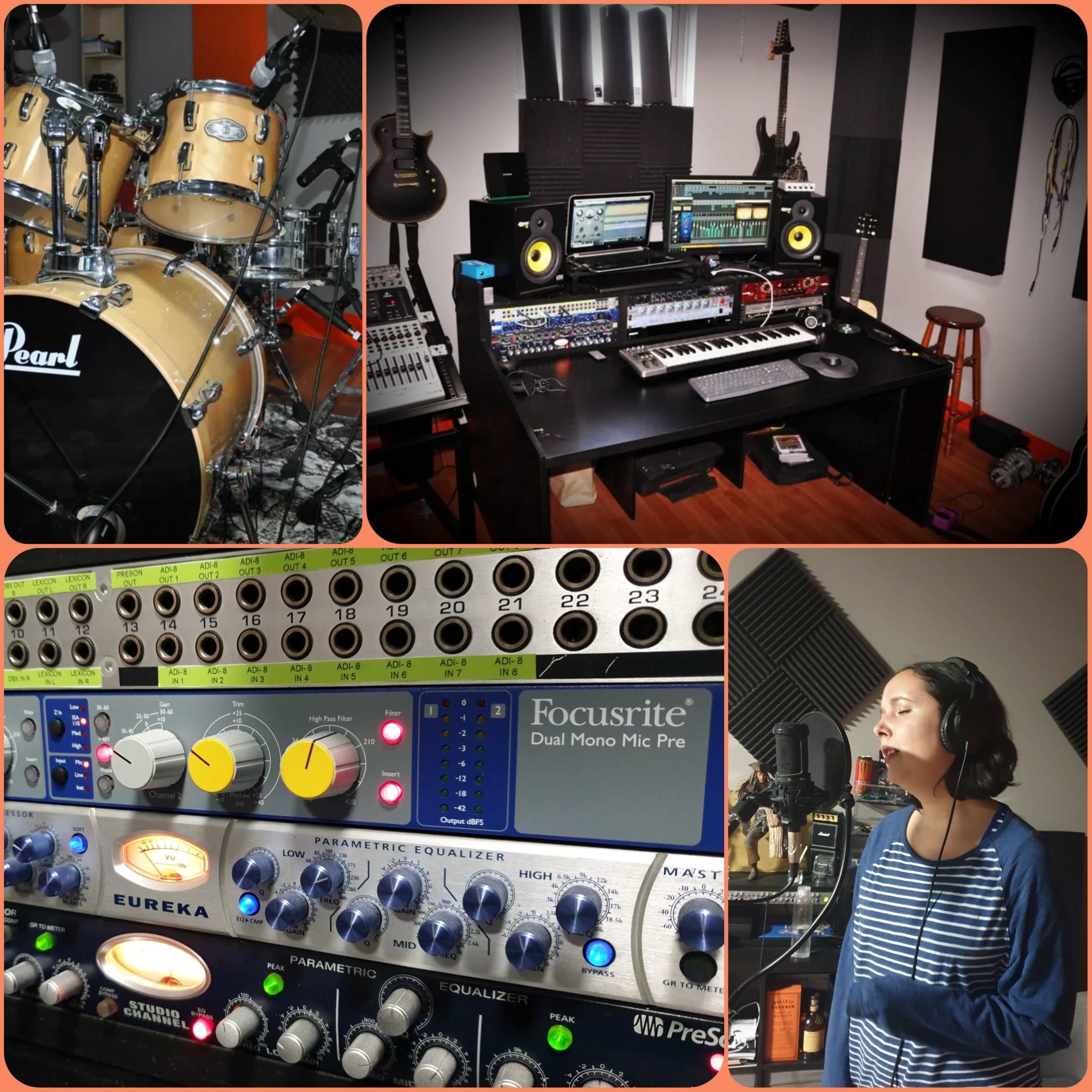 A recording studio featuring a drum set, audio mixing equipment, and a vocalist singing into a microphone.