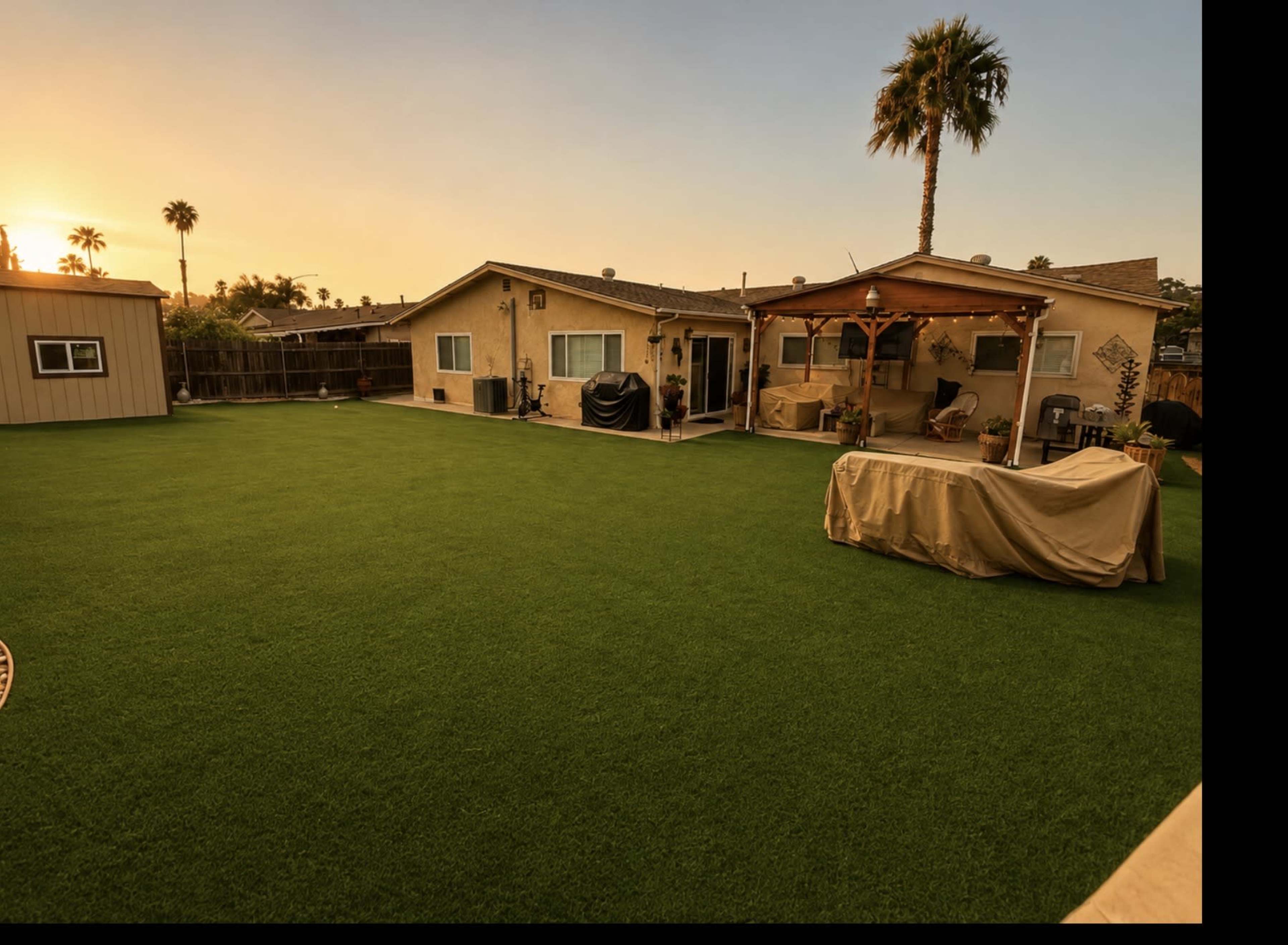 The image shows a spacious backyard with artificial turf, two houses, a covered patio area, and a setting sun in the background.