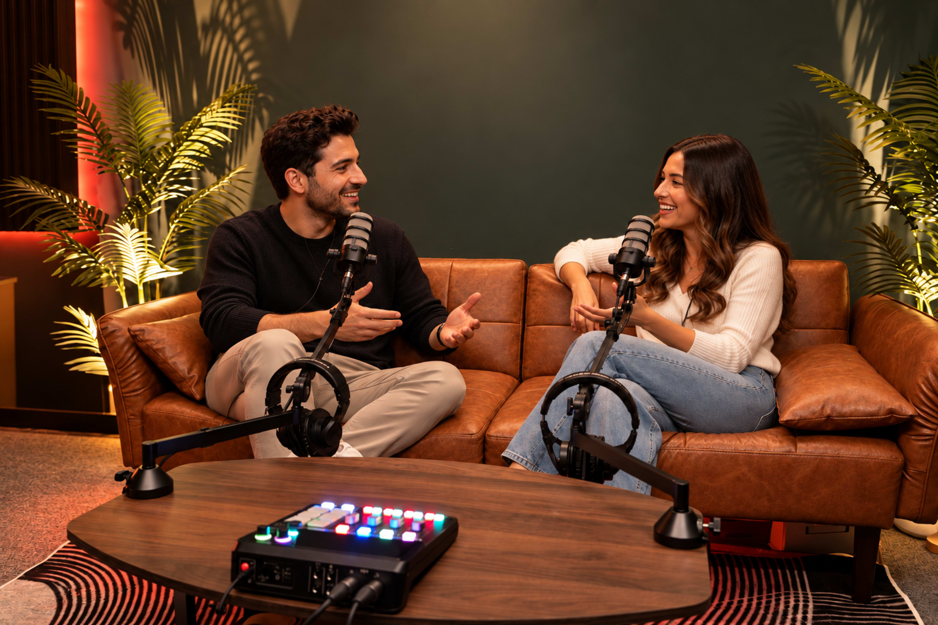 A man and a woman are sitting on a leather couch in a modern studio, engaged in a conversation with microphones positioned in front of them.
