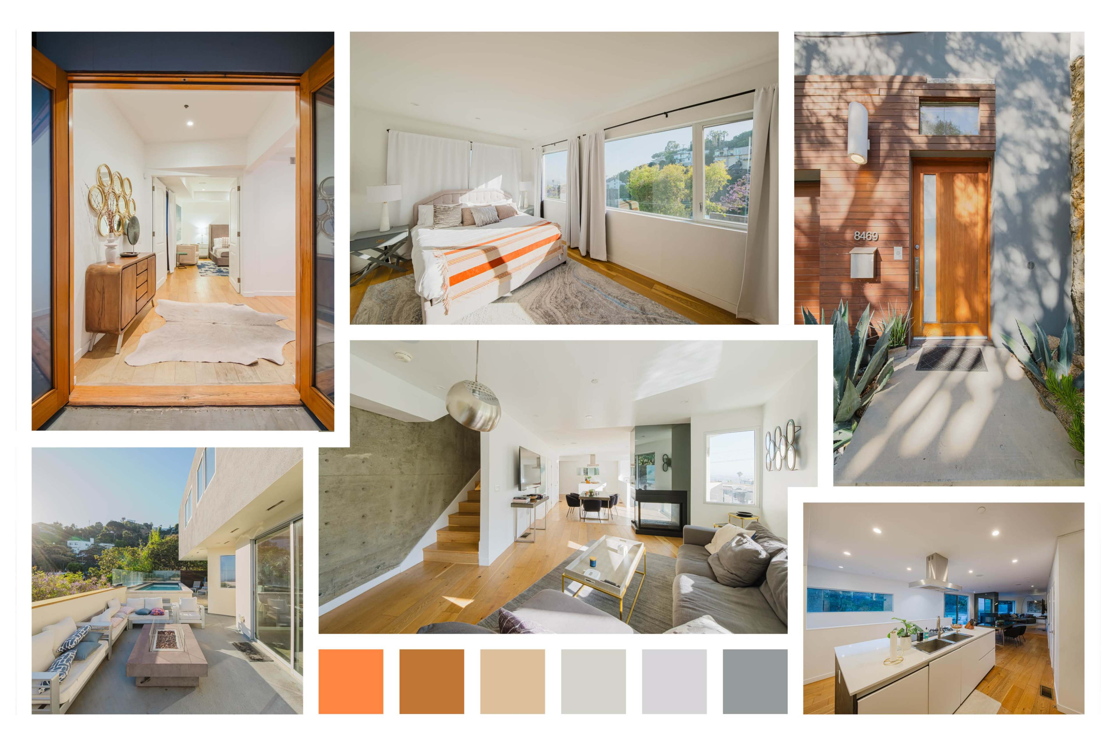 The image showcases various views of a modern home, featuring bright interiors, natural wood finishes, and a landscaped entrance.