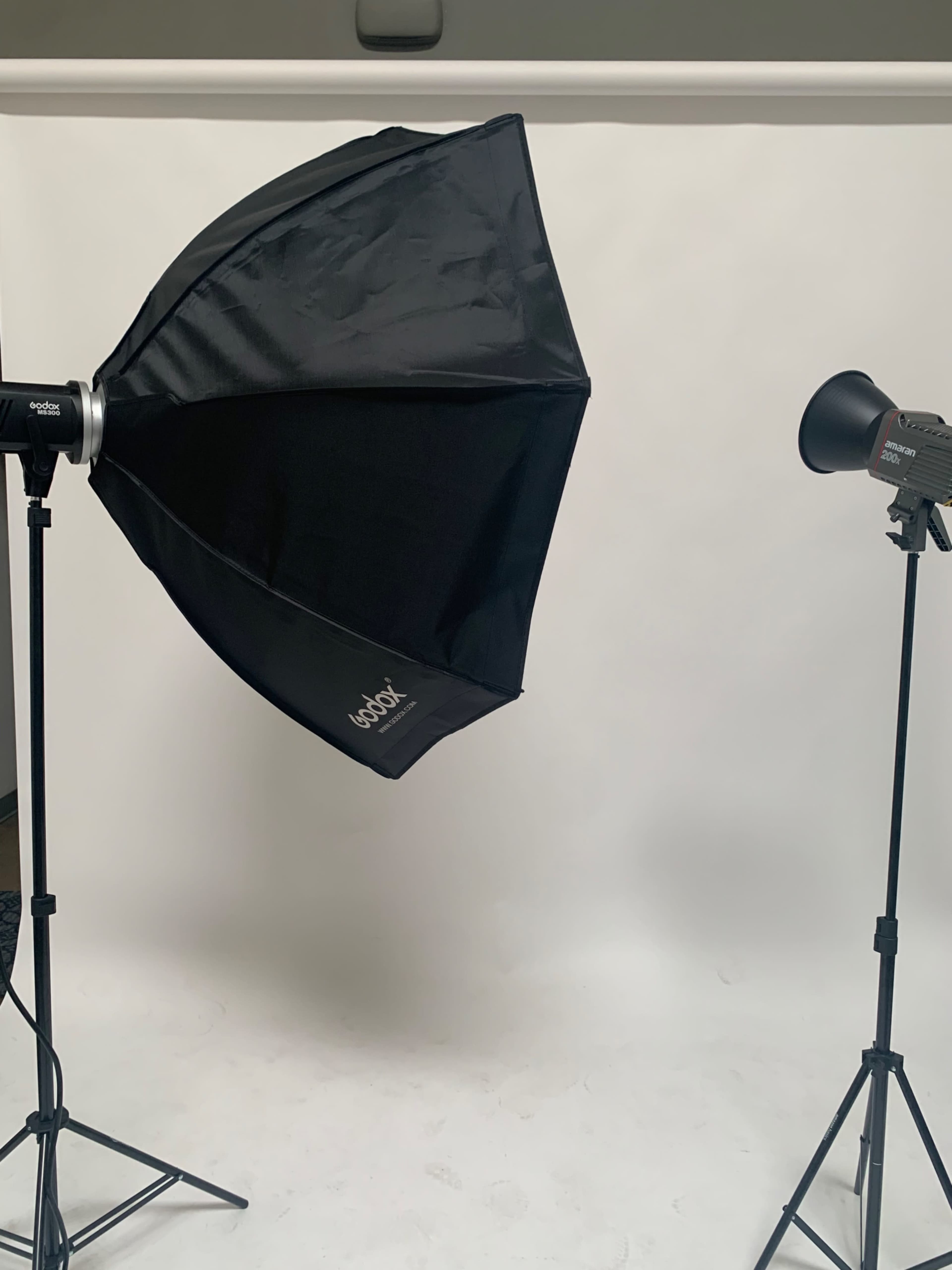 The image shows a photography setup with a softbox and a spotlight positioned on tripods in front of a plain backdrop.