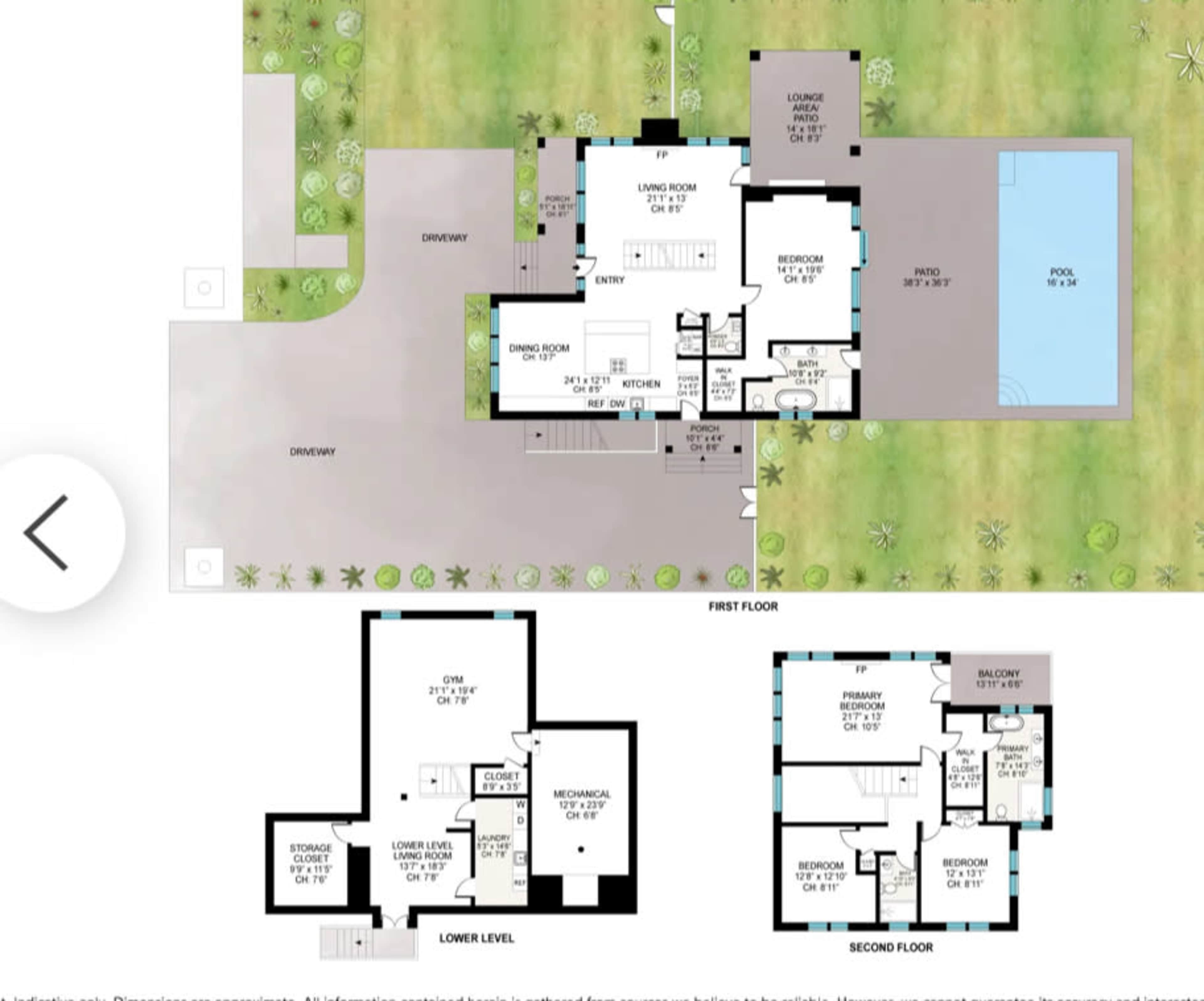 The image displays a detailed floor plan of a multi-level residence, featuring distinct areas such as a pool, living spaces, bedrooms, and a gym across three levels.