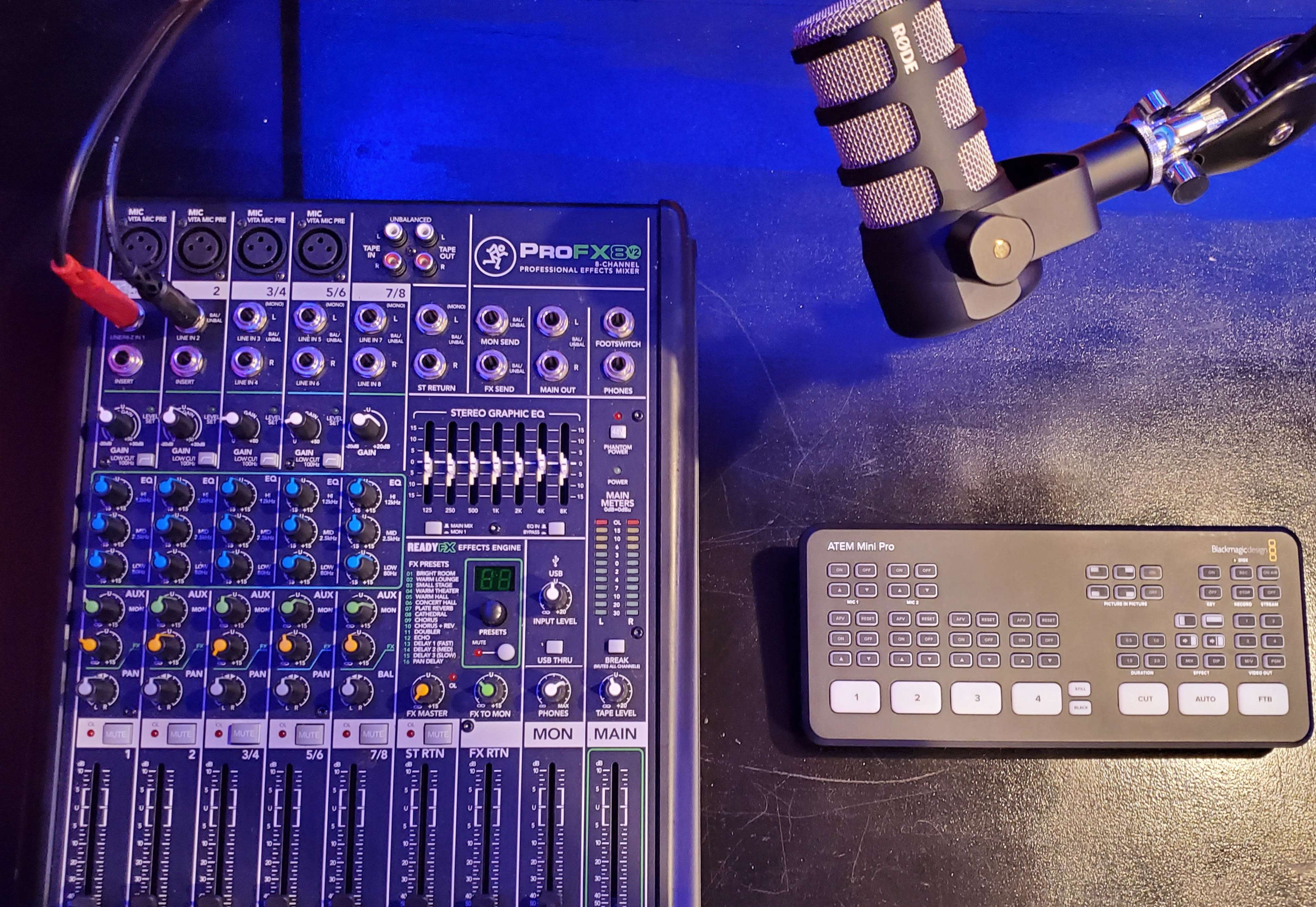 The image shows a audio mixing console alongside a control panel and a microphone mounted on a stand.